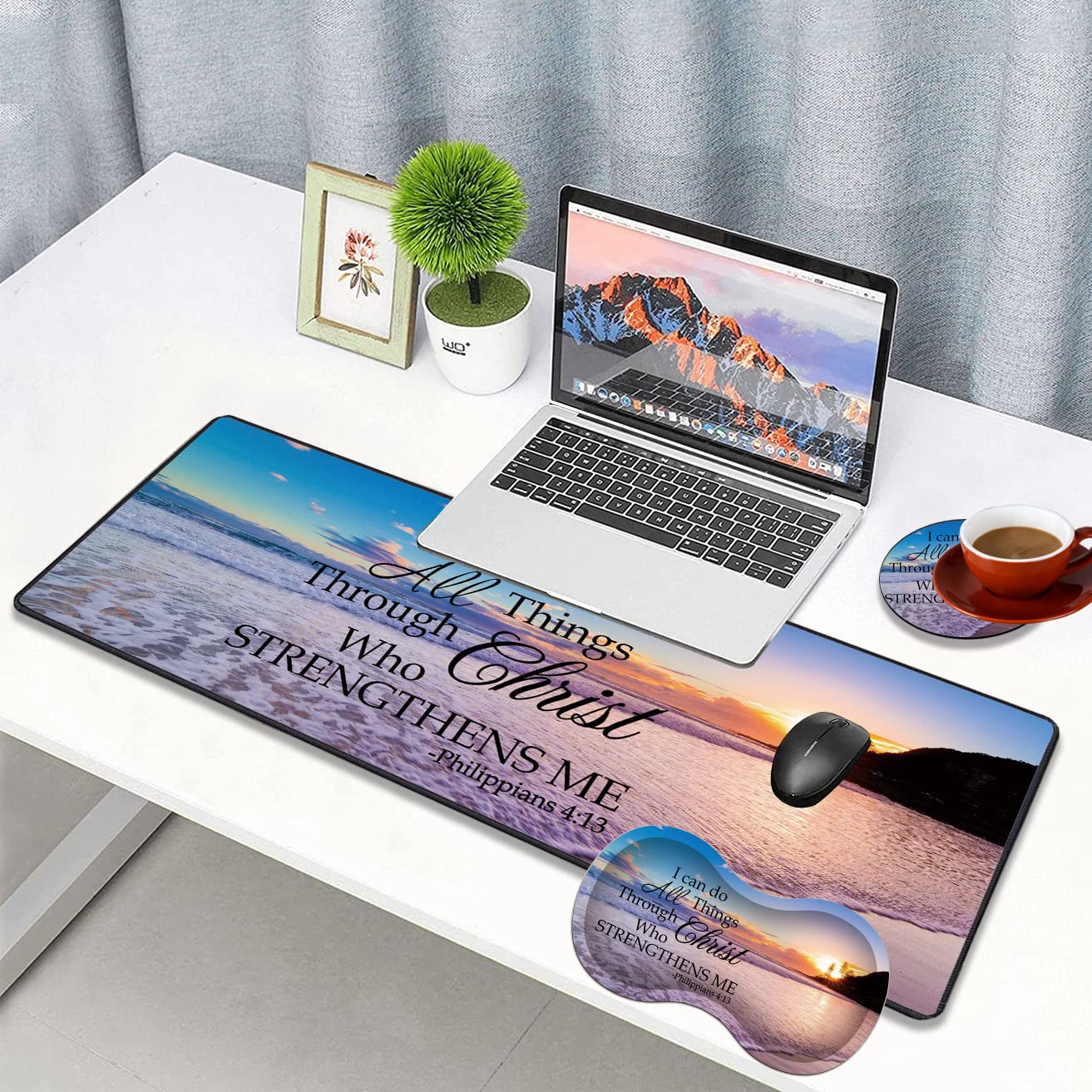 3-Piece Premium Mouse Pad Set with Stitched Edge - Extra Large Non-Slip Desk Mat, Keyboard Pad & Memory Foam Wrist Rest + Bonus Coaster - Office & Home Workspace Essentials (Bible Verse Philippians 4:13 Design) - Perfect for Gaming, Computer Work & Ergonomic Comfort