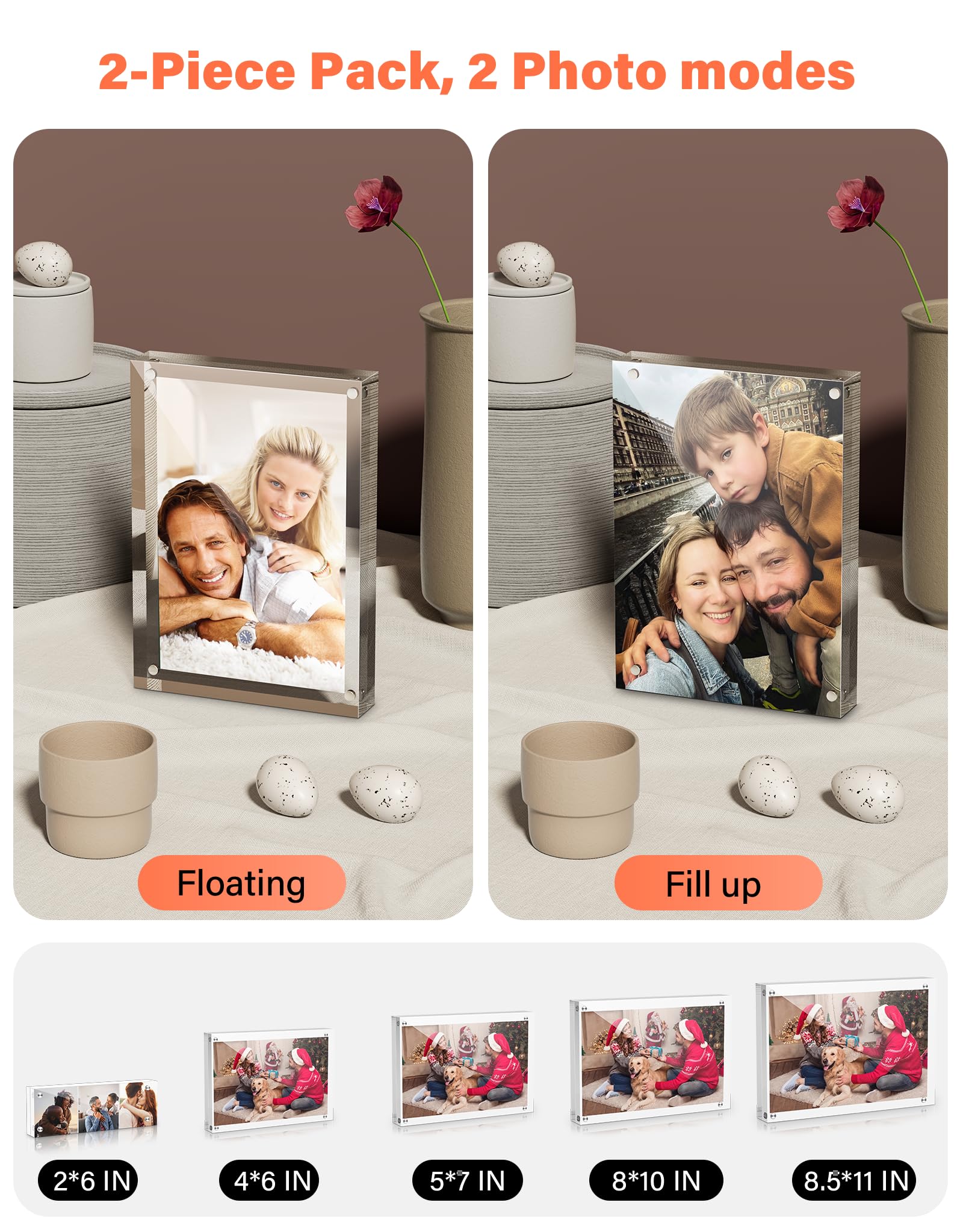 8x10 Acrylic Picture Frames 2 Pack - 20% Thicker Clear Magnetic Photo Frames, Double Sided Freestanding Frameless Display for Desk, Wall or Tabletop - Perfect for Office Decor, Family Photos & Artwork Display