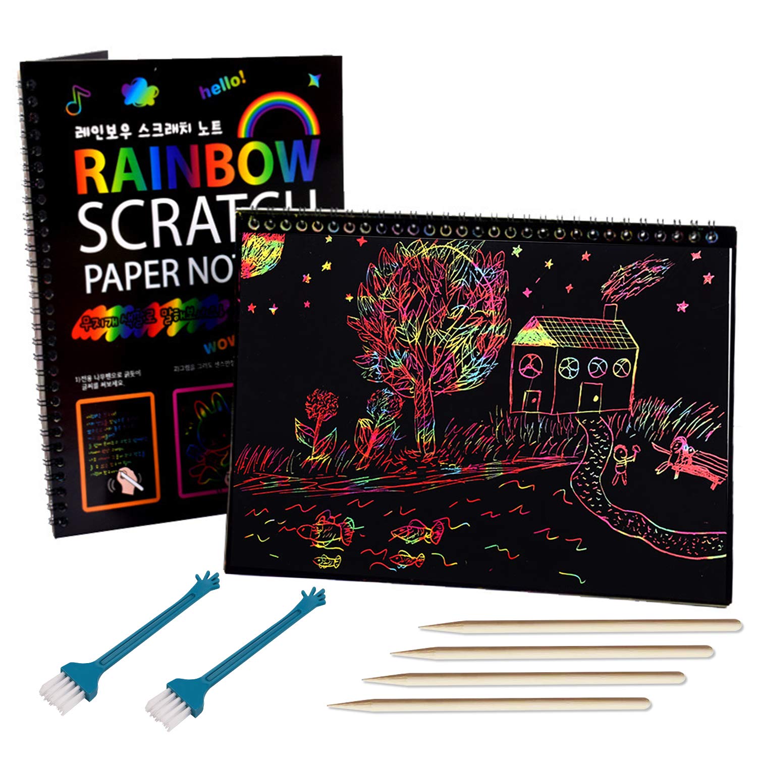 SKYFIELD Rainbow Scratch Paper Art Notebooks - 24 Sheets x2 Packs, Kids Scratch Off Art Activity Book, Color Craft Kit for Boys & Girls, Birthday Party Favors, Classroom Art Supplies, Travel Entertainment Gift