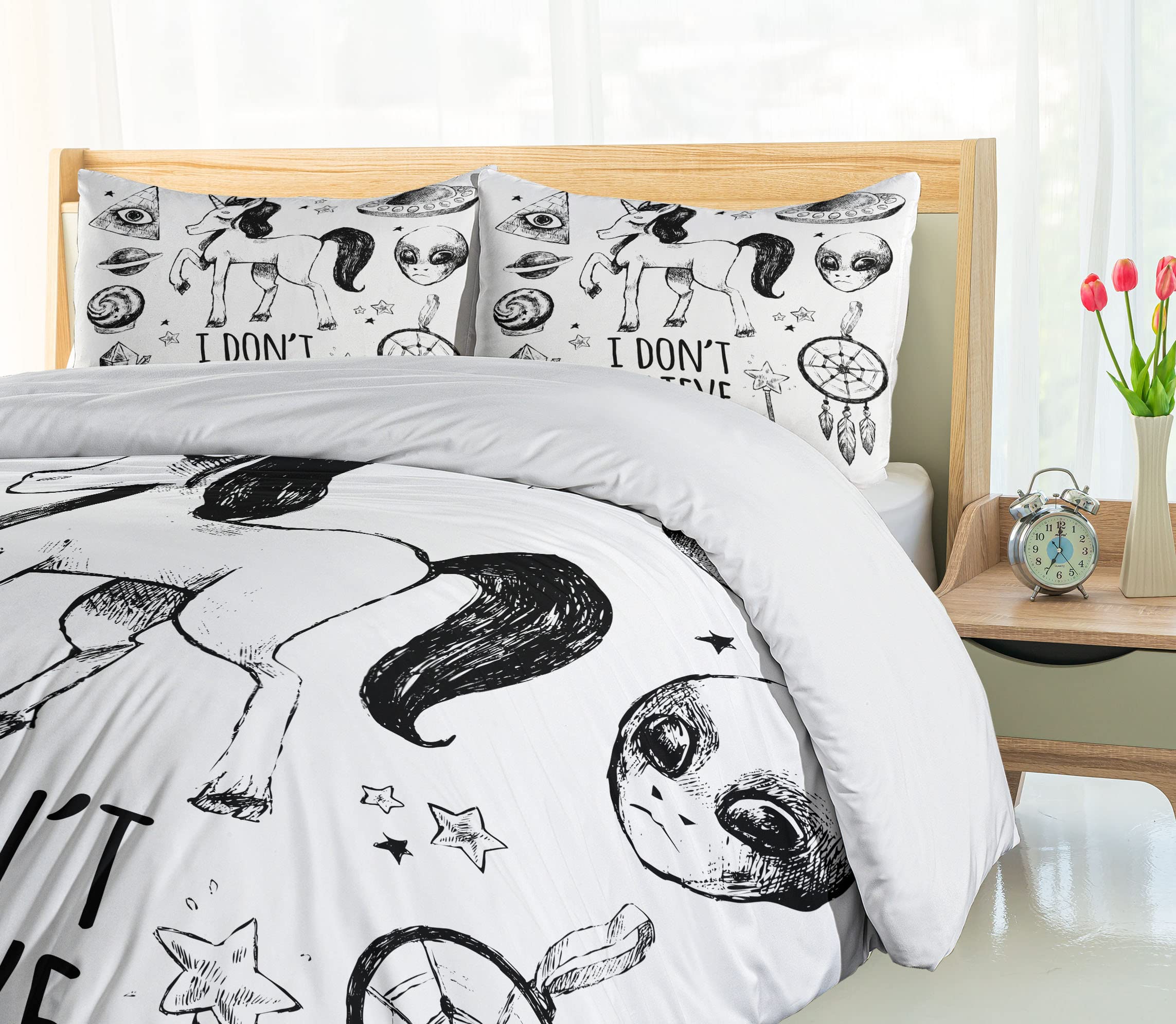 Ambesonne Unicorn Duvet Cover Set - 3 Piece Bedding with 2 Pillow Shams, California King Size, Black - Fantasy Art Print with Pyramids, Aliens & Planets - Perfect for Kids' Rooms, Themed Bedrooms & Unique Home Decor