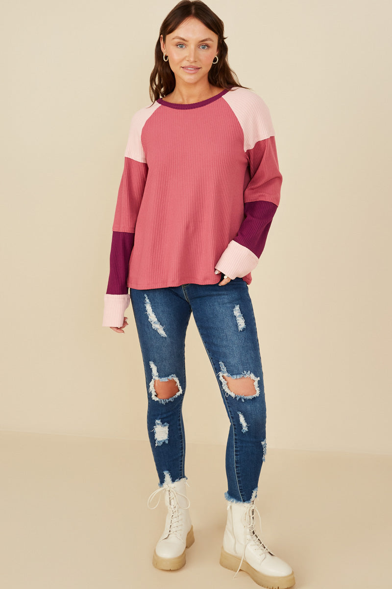 Women's Color Block Ribbed Knit Long Sleeve T-Shirt - Casual Stretch Fit Crewneck Top for Fall & Winter Layering, Workout, and Everyday Wear