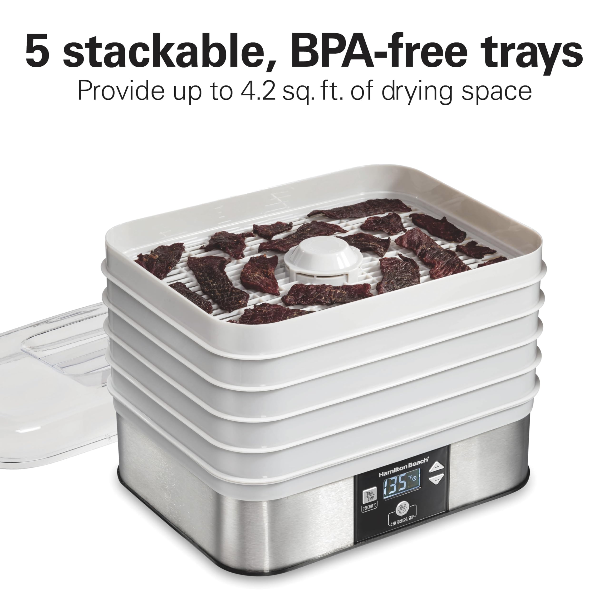 Hamilton Beach 5-Tray Digital Food Dehydrator for Fruits, Jerky & Vegetables - Adjustable Temperature Control with 48-Hour Timer & Auto Shutoff - Perfect for Healthy Snacks, Camping Food Prep & Long-Term Food Storage (Model 32100A, Grey)