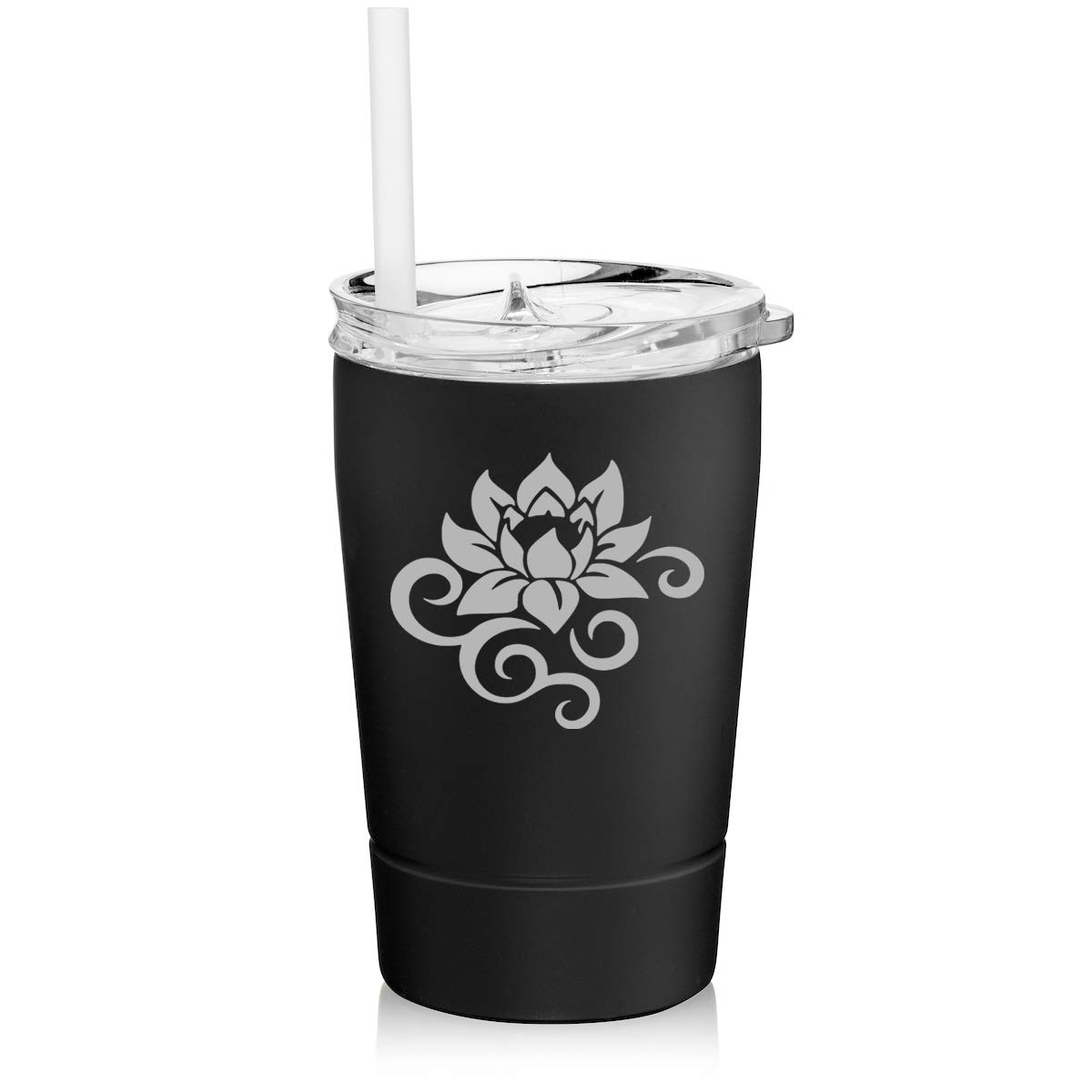 12 oz Stainless Steel Vacuum Insulated Tumbler with Straw - Double Wall Thermal Coffee Travel Mug - Lotus Flower Scroll Design (Black) - Perfect for Hot & Cold Drinks, Office, Commuting, and Outdoor Activities