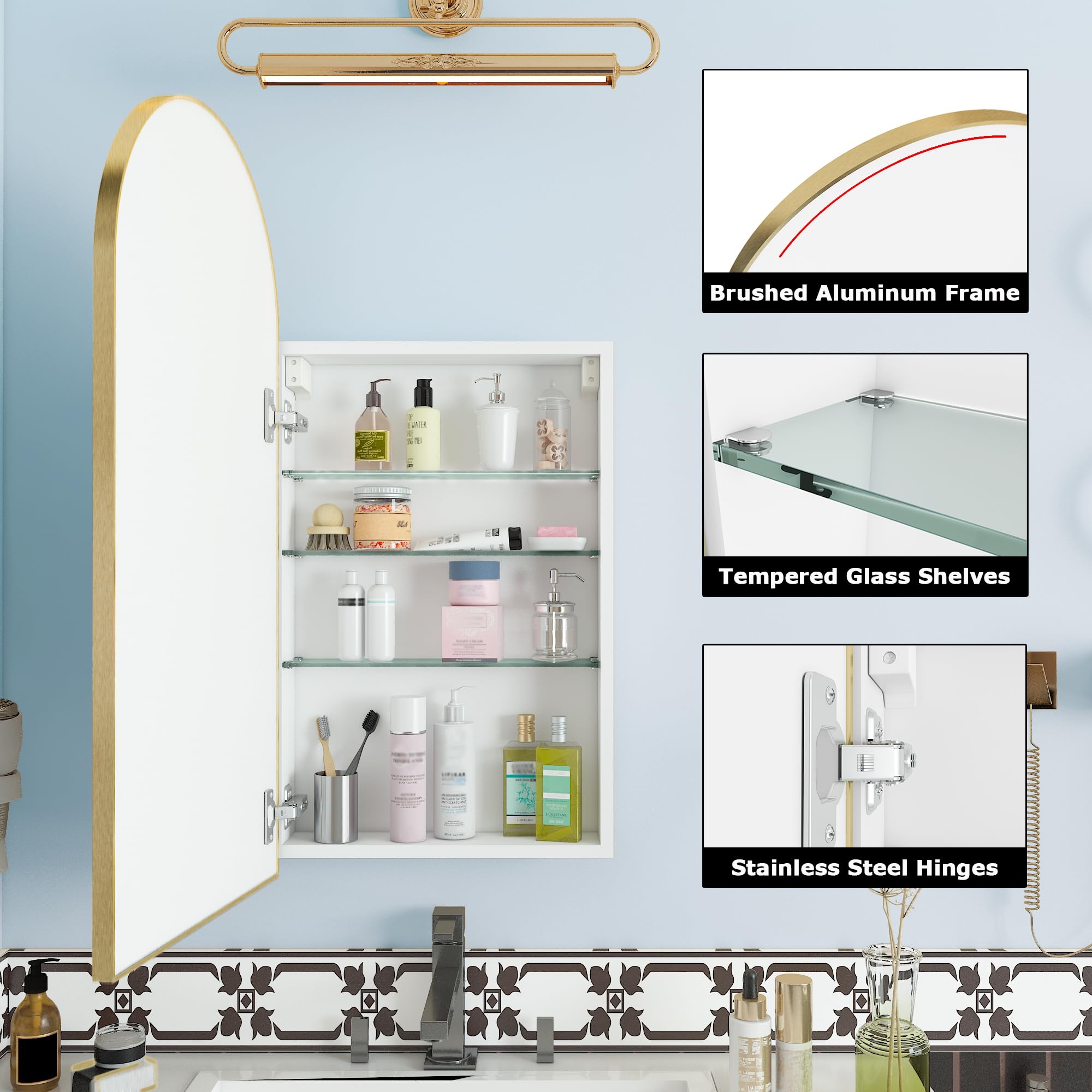 FKWin Arched Medicine Cabinet with Mirror - Bathroom Storage Mirror, Aluminum Alloy Vanity Cabinet with 3 Adjustable Shelves (Not Recessed, 31.5