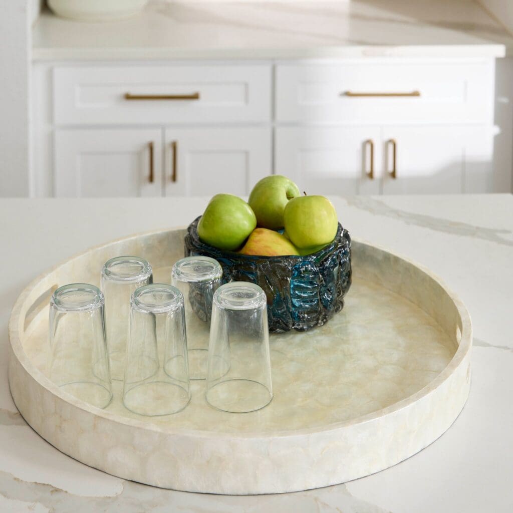 Cyan Design 11687 Triton 24 Inch Round Tray - Pearl Finish Large Decorative Serving Tray for Dining Table, Coffee Table, or Wall Decor