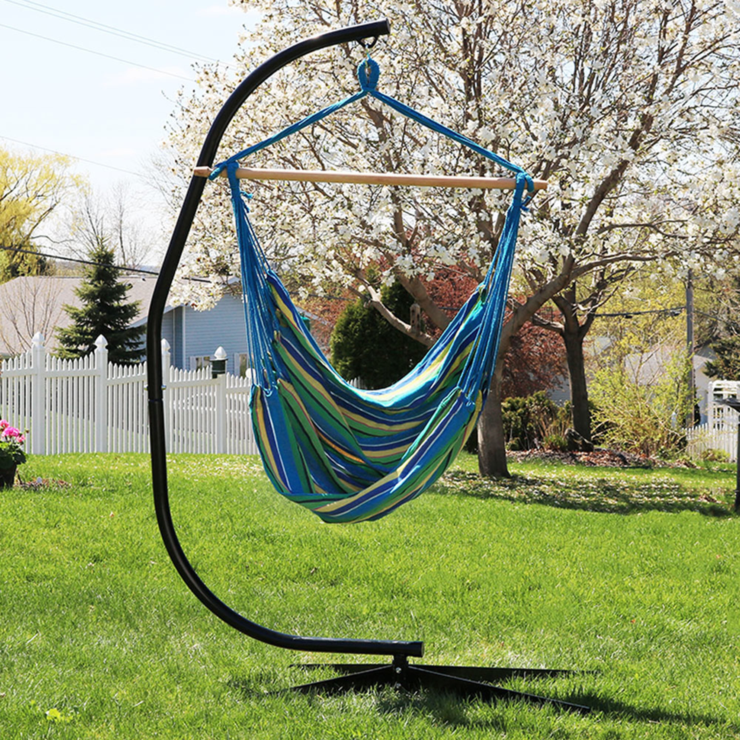 Sunnydaze Extra Large Outdoor Hanging Rope Hammock Chair Swing with C Stand - Ocean Breeze - Perfect for Backyard, Patio, Garden & Poolside Relaxation