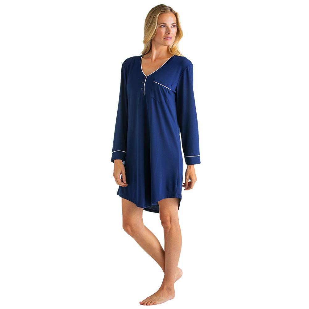 Softies Piper Women's Long Sleeve Sleep Shirt - 36 Inch Nightgown for Women, Navy Blue, Medium Size | Comfortable Loungewear for Sleeping, Relaxing at Home & Cozy Nights