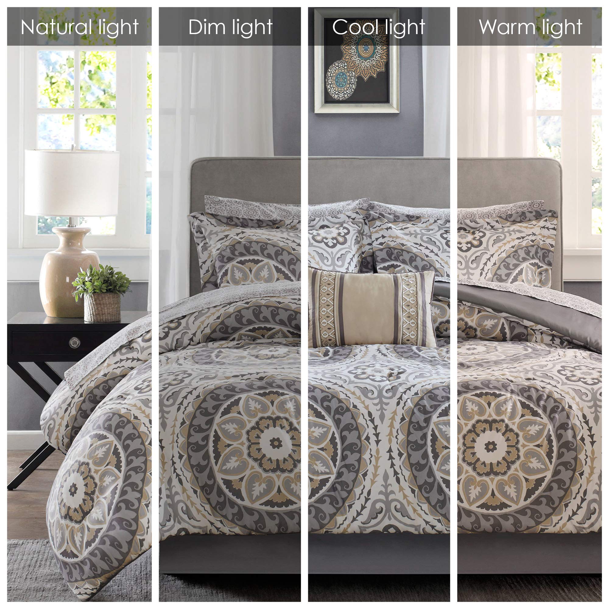 Madison Park Essentials Serenity 9-Piece King Size Bed in a Bag Comforter Set - Medallion Damask Design, All Season Cotton Bedding with Sheet Set & Bedskirt (104