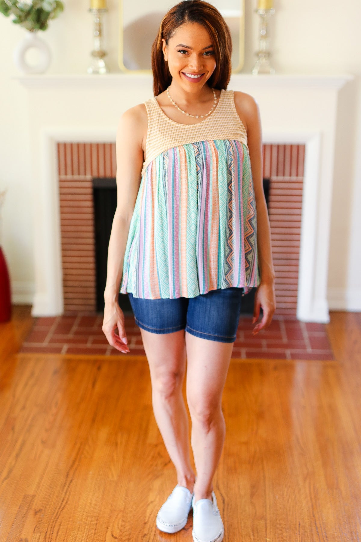Mustard Yellow Two Tone Boho Print Back Tie Tank Top - Stylish Summer Casual Wear for Women, Perfect for Beach Outings, Music Festivals & Boho Chic Outfits