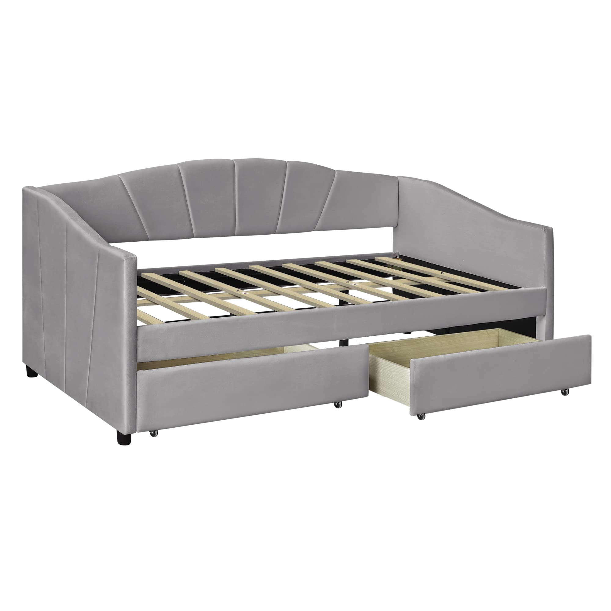 Elegant Twin Size Velvet Fabric Daybed with 2 Storage Drawers - Modern Upholstered Sofa Bed Frame with Solid Pine Wood Legs & Sturdy Slat Support for Living Room, Bedroom or Guest Room (Gray) | Perfect for Small Spaces, Sleepovers & Multi-Functional Furniture Needs
