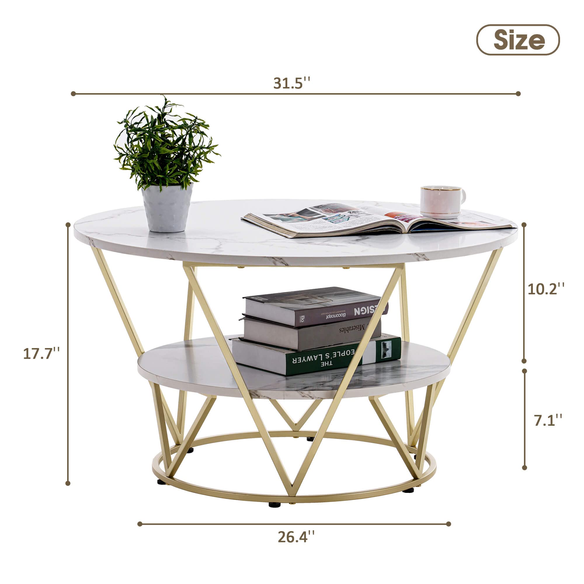 ivinta Modern 2-Tier Round Coffee Table - Faux Marble Top with Storage Shelf & Sturdy Metal Frame for Living Room | Accent Table for Small Spaces, Apartments & Home Decor (COFF-39MG)