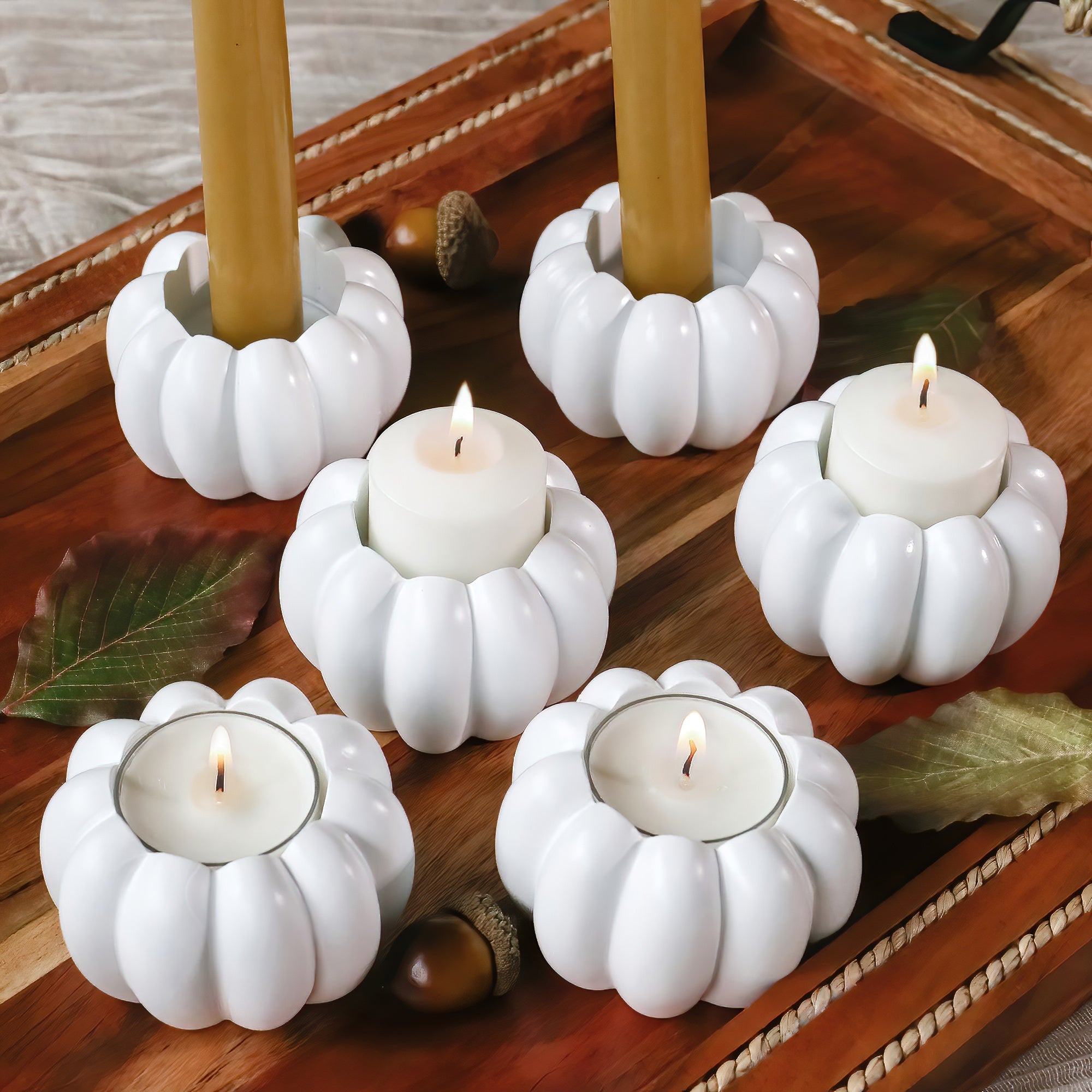 2 in 1 Pumpkin Tealight and Candlestick Holder Set of 6 - White Halloween Thanksgiving Fall Decor for Home Table Centerpiece Party Wedding Decorations