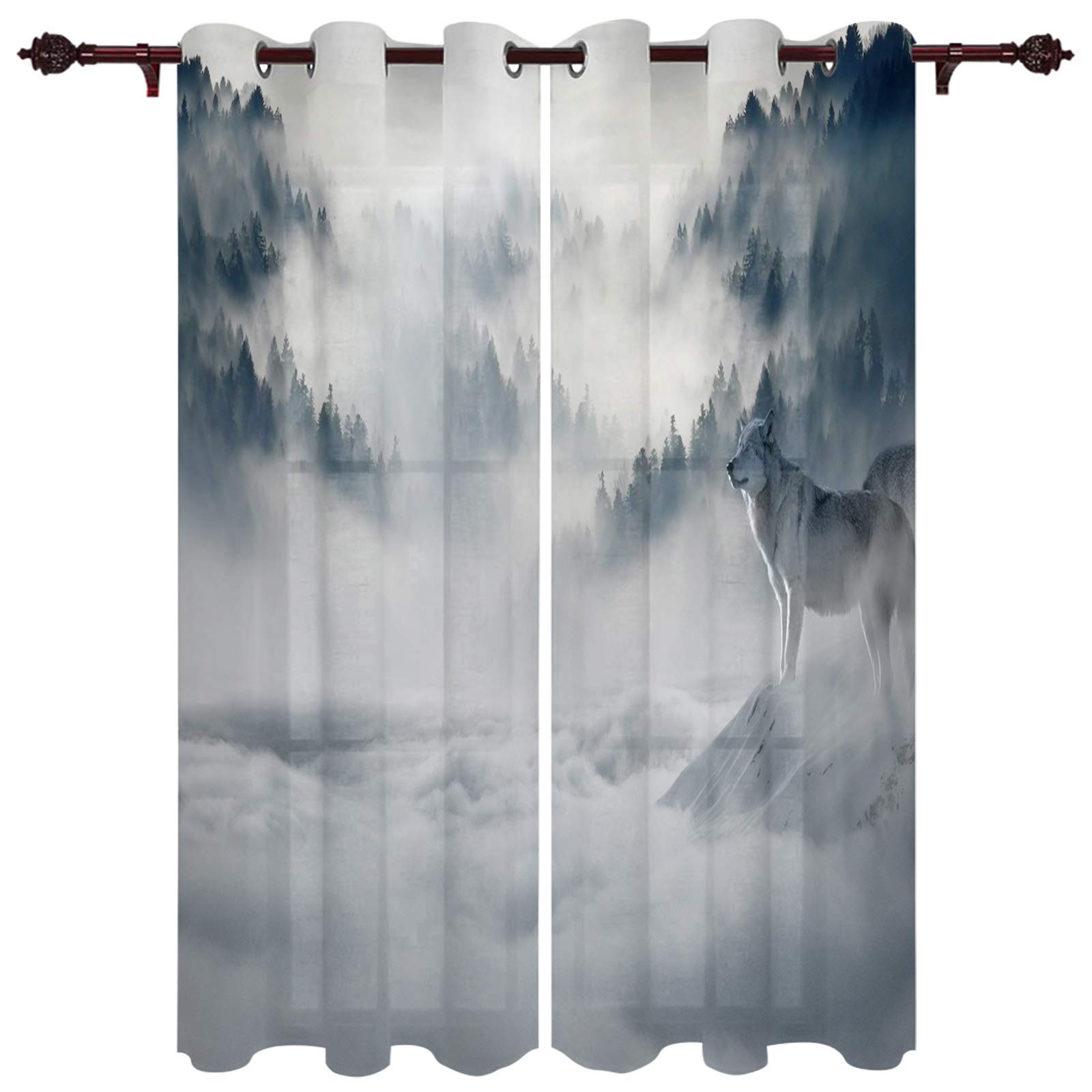 Sheer Curtains for Windows - Wolf Cloud Forest Tree Snow Winter Design, 2 Panels Kitchen Tier Grommet Drapes, 63 Inch Length, Light Filtering Window Treatments for Living Room, Bedroom, Patio & Sliding Glass Door - Perfect for Privacy & Natural Light Control