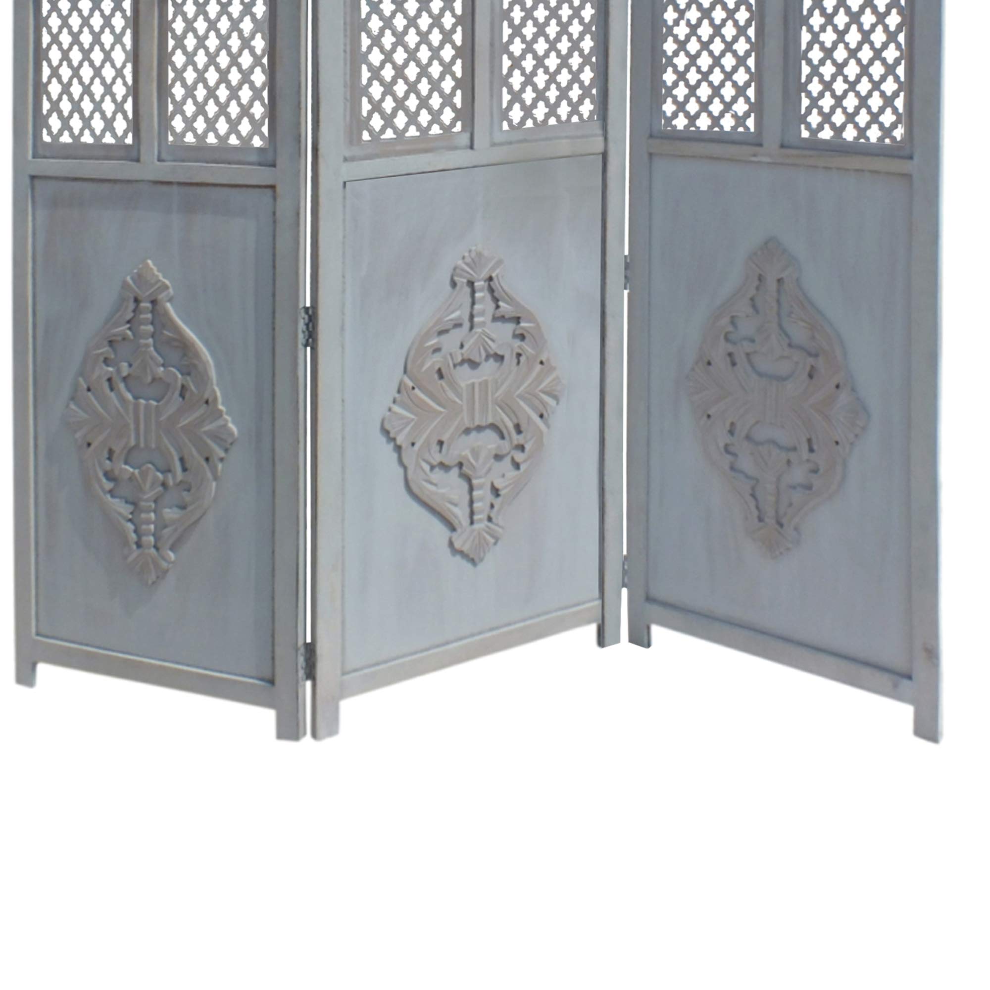TUP The Urban Port 3-Panel Wooden Room Divider with Traditional Carvings & Cutouts - Blue Privacy Screen for Home, Office, Studio or Event Decoration