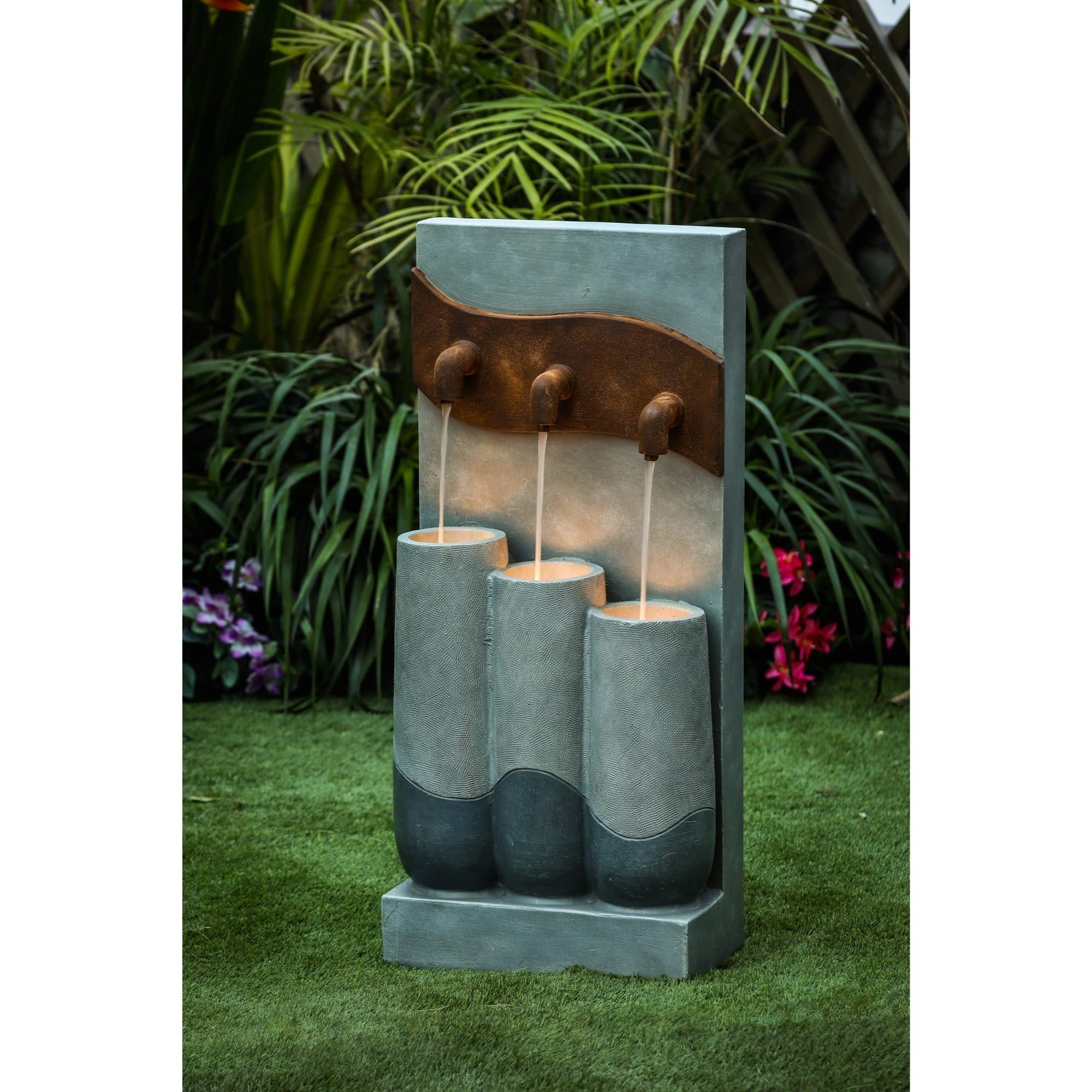 Modern Cement Outdoor Patio Fountain with LED Lights - Brown Grey Contemporary Stone Water Feature for Garden, Yard, and Landscape Decor