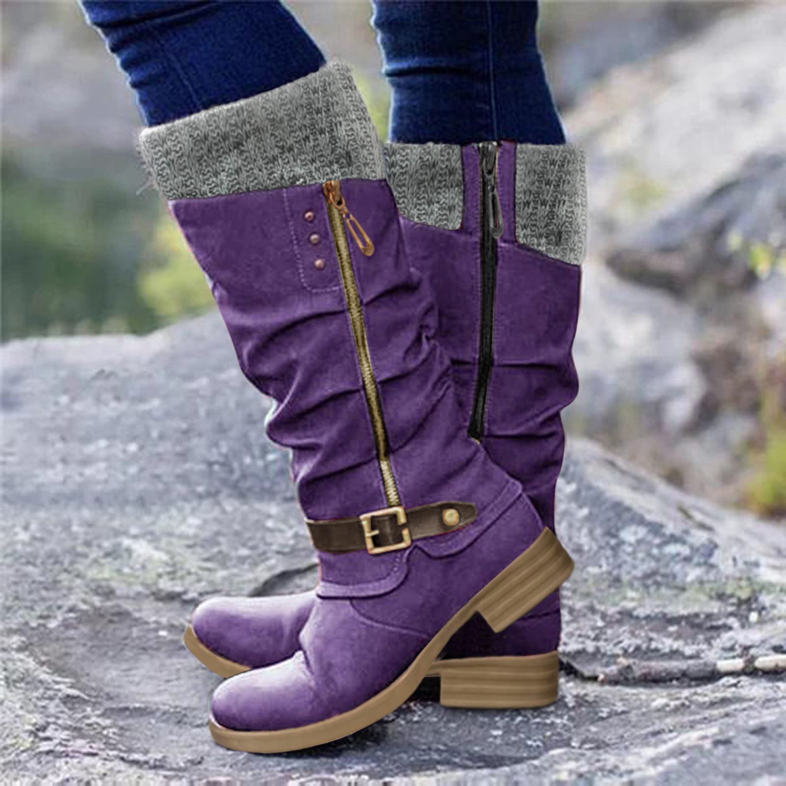 ZHOUXINGB Women's Thigh High Boots - Comfortable Winter Snow Boots with Wedge Heel, Y2K Fashion Booties for Walking, Indoor & Outdoor Use - Perfect for Fall, Spring & Vacation - Purple