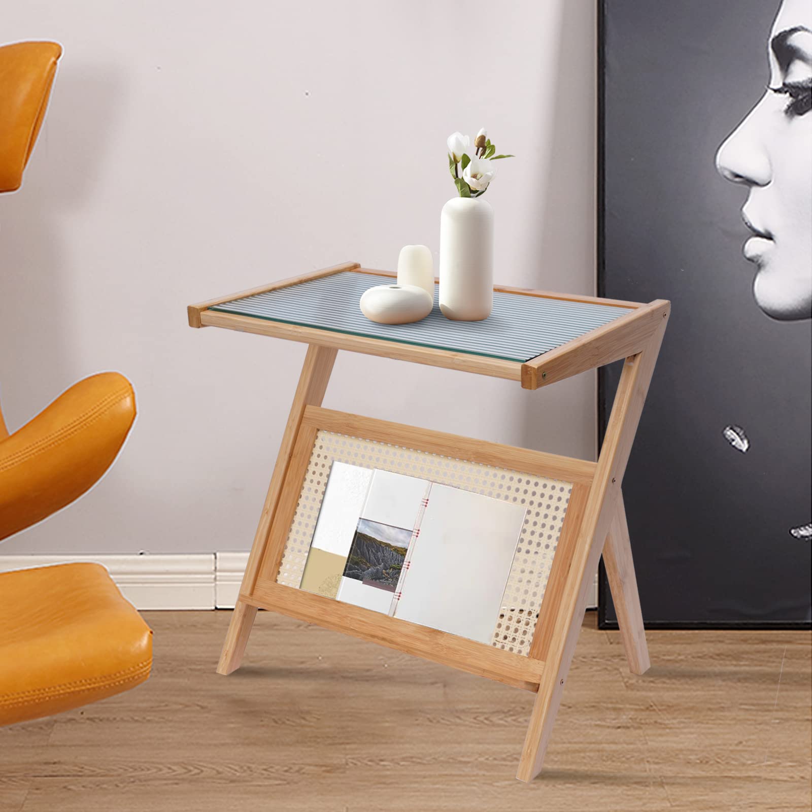 Rattan Weave End Table with Glass Top - Wood Finish Coffee Table for Living Room, Bedroom & Bedside - Durable & Stylish Home Decor for Small Spaces