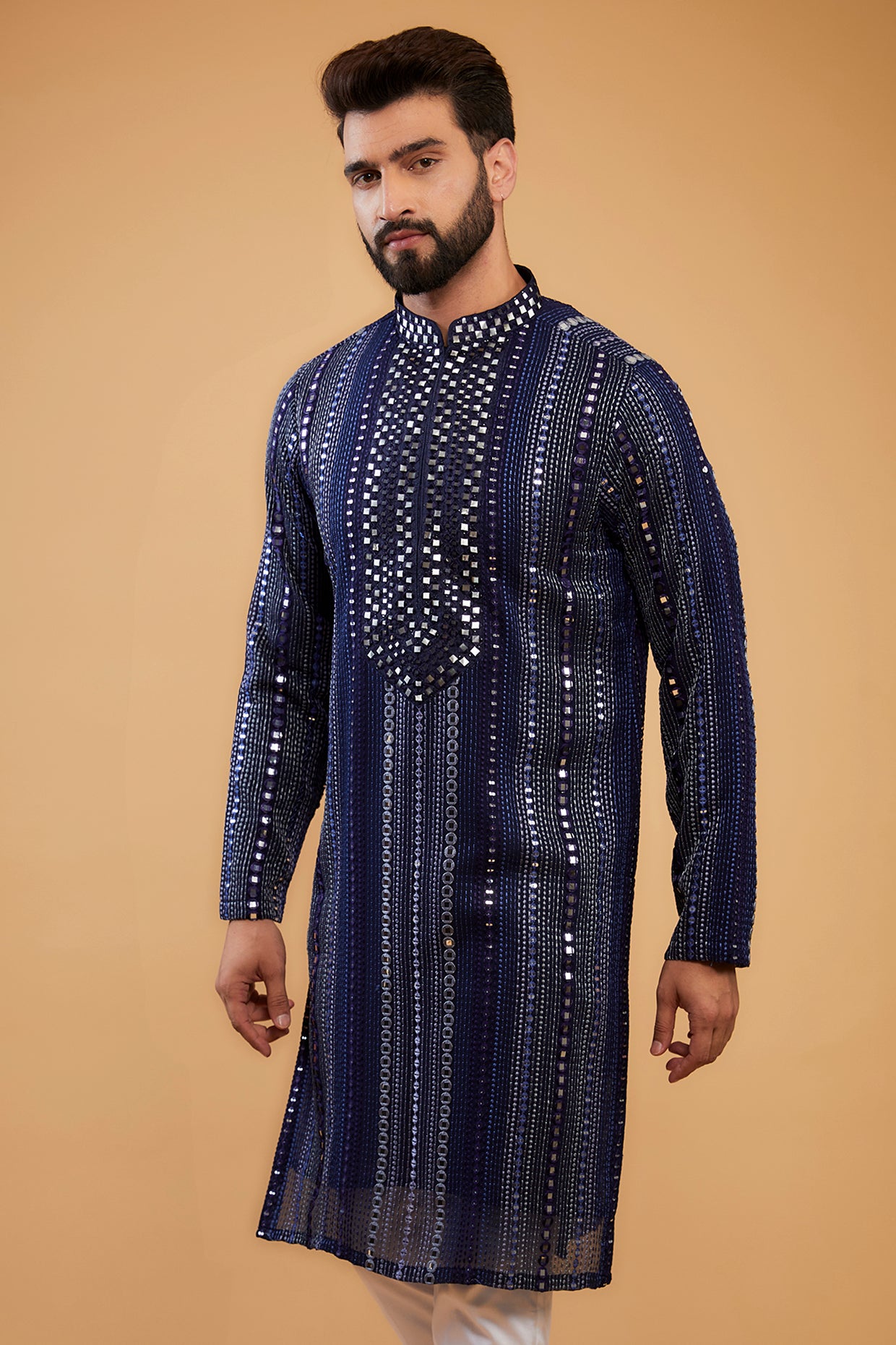 Hand Embroidered Navy Blue Mirror Work Kurta for Women – Elegant Indian Ethnic Wear for Festivals, Weddings & Special Occasions