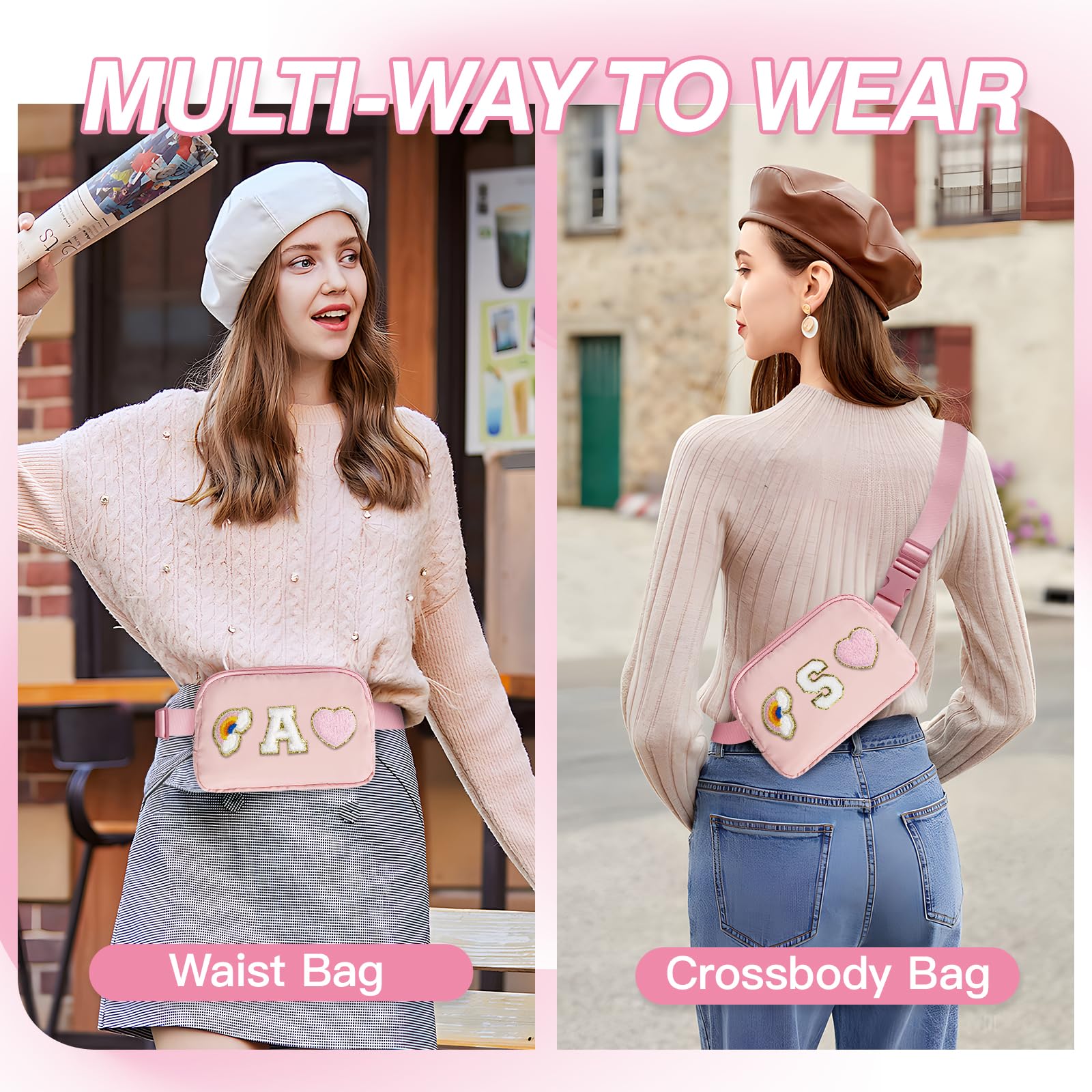 Personalized Belt Bag with Keychain - Custom Fanny Pack for Women & Girls - Initial Monogram Birthday Gift for Teens, Mom - Crossbody Waist Bag - Small Travel Essential - Preppy Style Accessories (Pink) - Perfect for Gym, Shopping, Concerts & Outdoor Activities