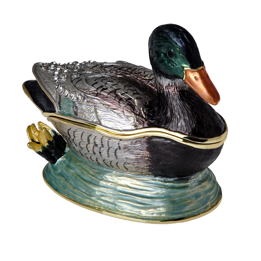 Golden Crystal Enameled Mallard Duck Jewelry Box - Hand-Painted Hinged Bird Trinket Box for Home Décor, Unique Gift for Bird Lovers | Perfect for Jewelry Storage, Display Shelf & Wedding Gift