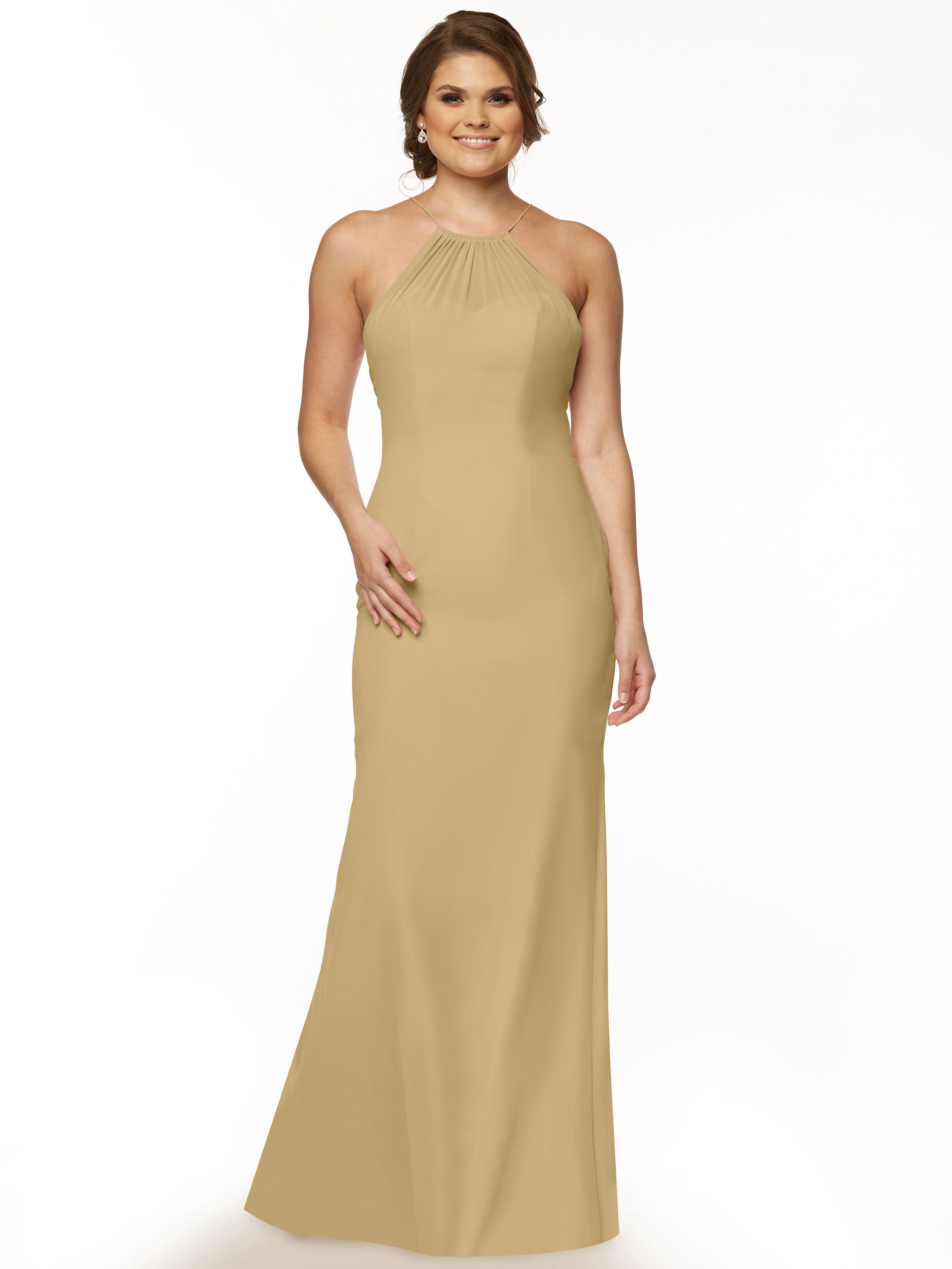 Elegant 80083 Fit and Flare Chiffon Bridesmaid Dress with Halter Neckline - Perfect for Weddings, Formal Events & Special Occasions