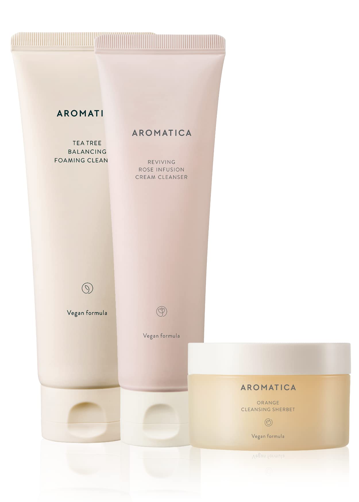 AROMATICA Tea Tree Facial Cleanser, Rose Hydrating Cleanser & Orange Sherbet Exfoliator Set - Gentle Skincare for Acne, Dry Skin & Brightening - Perfect for Daily Face Wash Routine & Spa Night
