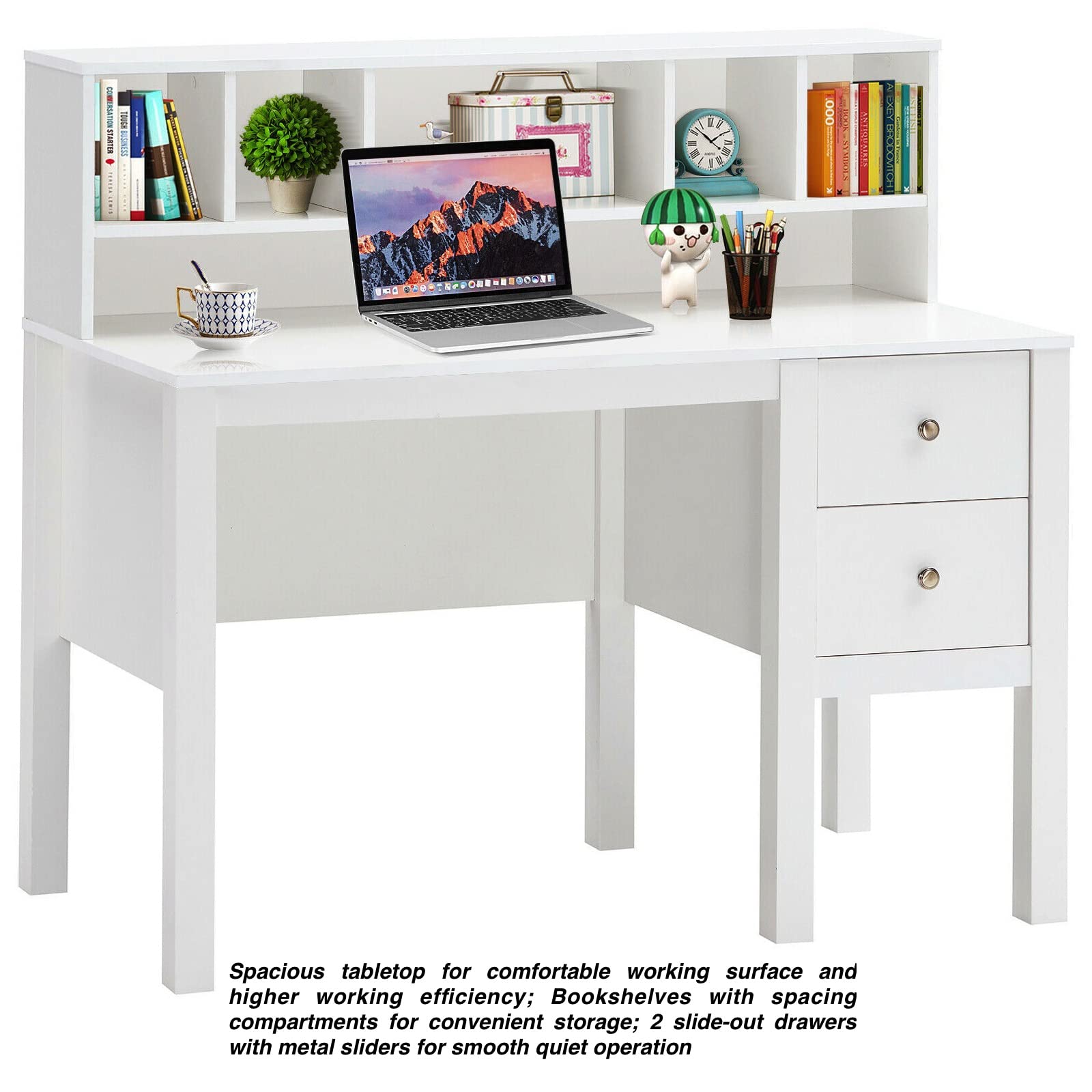 White Computer Desk with Hutch & 2 Slide-Out Drawers - Modern Laptop Workstation, Study Writing Table for Home Office - Spacious Tabletop with Anti-Tipping Straps - Perfect for Small Spaces, Gaming Setup & Remote Work