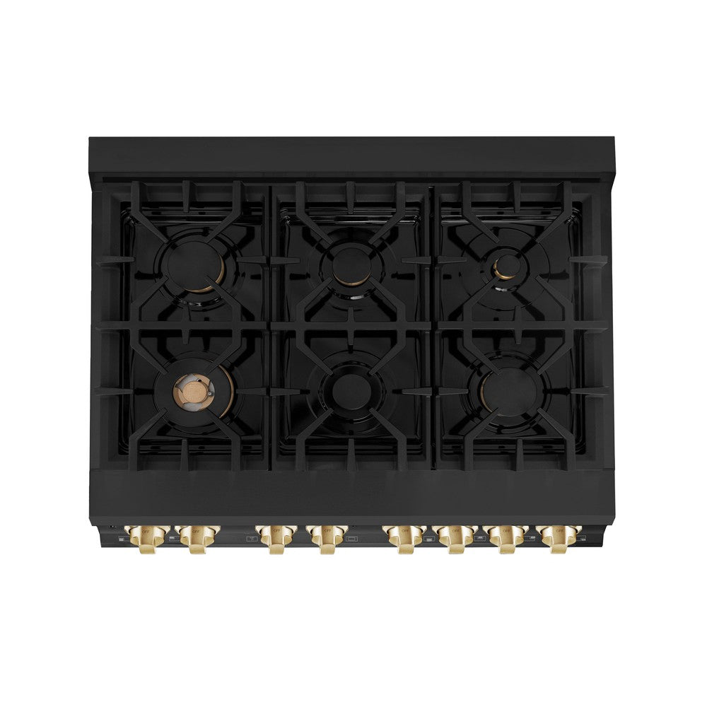 ZLINE RABZ 36 G 36-Inch Dual Fuel Range - 4.6 cu. ft. Black Stainless Steel with Gold Accents - 6 Burner Gas Cooktop & Electric Convection Oven - Professional Kitchen Appliance for Home Chefs & Cooking Enthusiasts