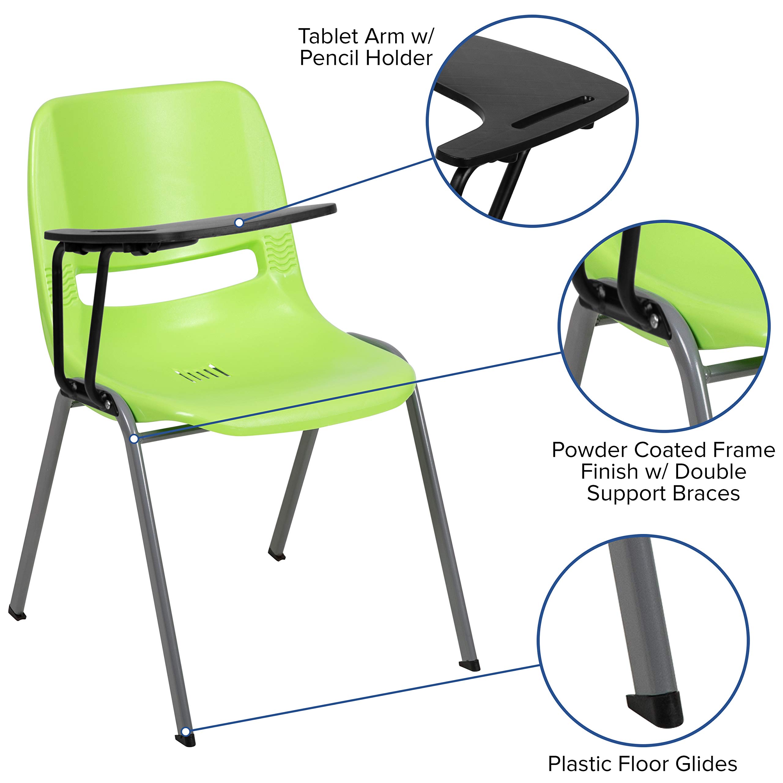 EMMA + OLIVER Green Ergonomic Shell Chair with Right-Handed Flip-Up Tablet Arm - Comfortable Office Desk Chair for Home & Work - Perfect for Conference Rooms, Study Areas & Small Spaces