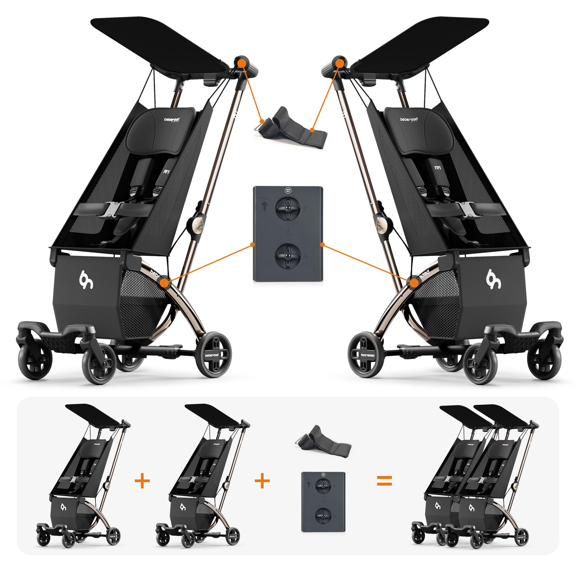 Beberoad Love R1 Auto-Folding Ultra Lightweight Double Stroller for Twins & Siblings (6-36 Months) - 23.5 lbs Side by Side Stroller, Converts to 2 Single Strollers - Perfect for Travel, Shopping & Outdoor Walks - Black