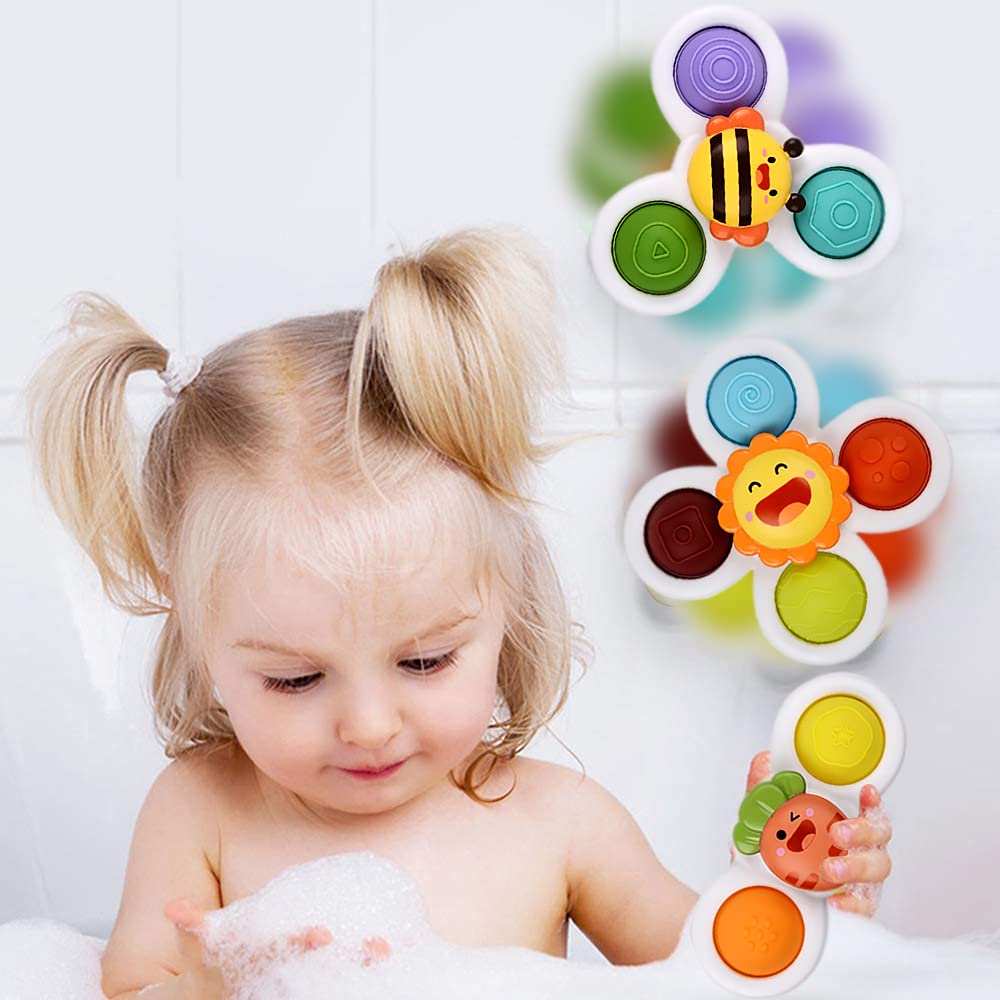 3PCS Suction Cup Spinner Bath Toys for Toddlers 1-3 Years Old - Sensory Spin Top Baby Toys for Bathtime Fun & Early Learning Development (Classic) - Perfect for Bath Play, Sensory Exploration & Motor Skills Training