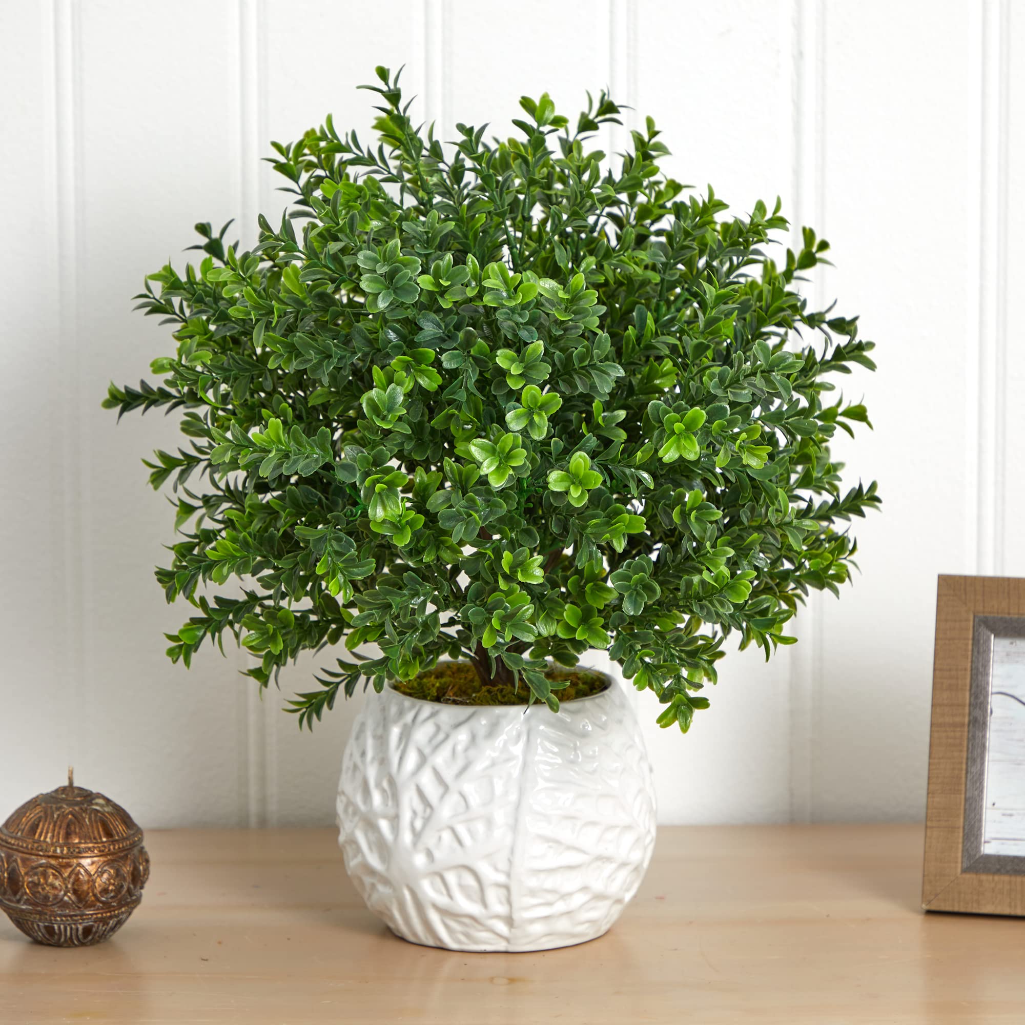 Nearly Natural Boxwood Evergreen Artificial Plant in White Vase - Indoor/Outdoor Fake Plant for Home, Office, Patio & Garden Decor - Perfect for Living Room, Porch, Wedding Centerpiece & Commercial Spaces