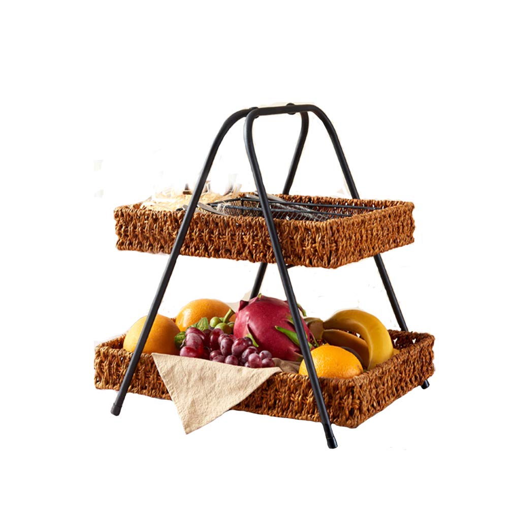 2-Tier Rattan Weaving Fruit Basket with Metal Rack - Multi-Purpose Storage Organizer for Fruits, Vegetables, Groceries, Picnics & Home Decor - Perfect for Kitchen, Dining Table, Pantry Organization & Outdoor Gatherings