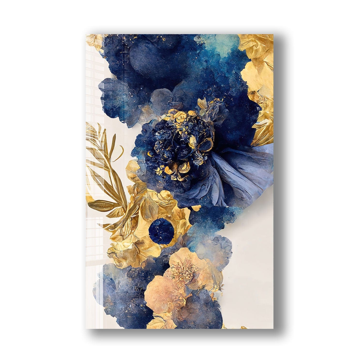 Abstract Blue & Gold Flower Tempered Glass Wall Art - Modern Home Decor for Living Room, Bedroom & Office