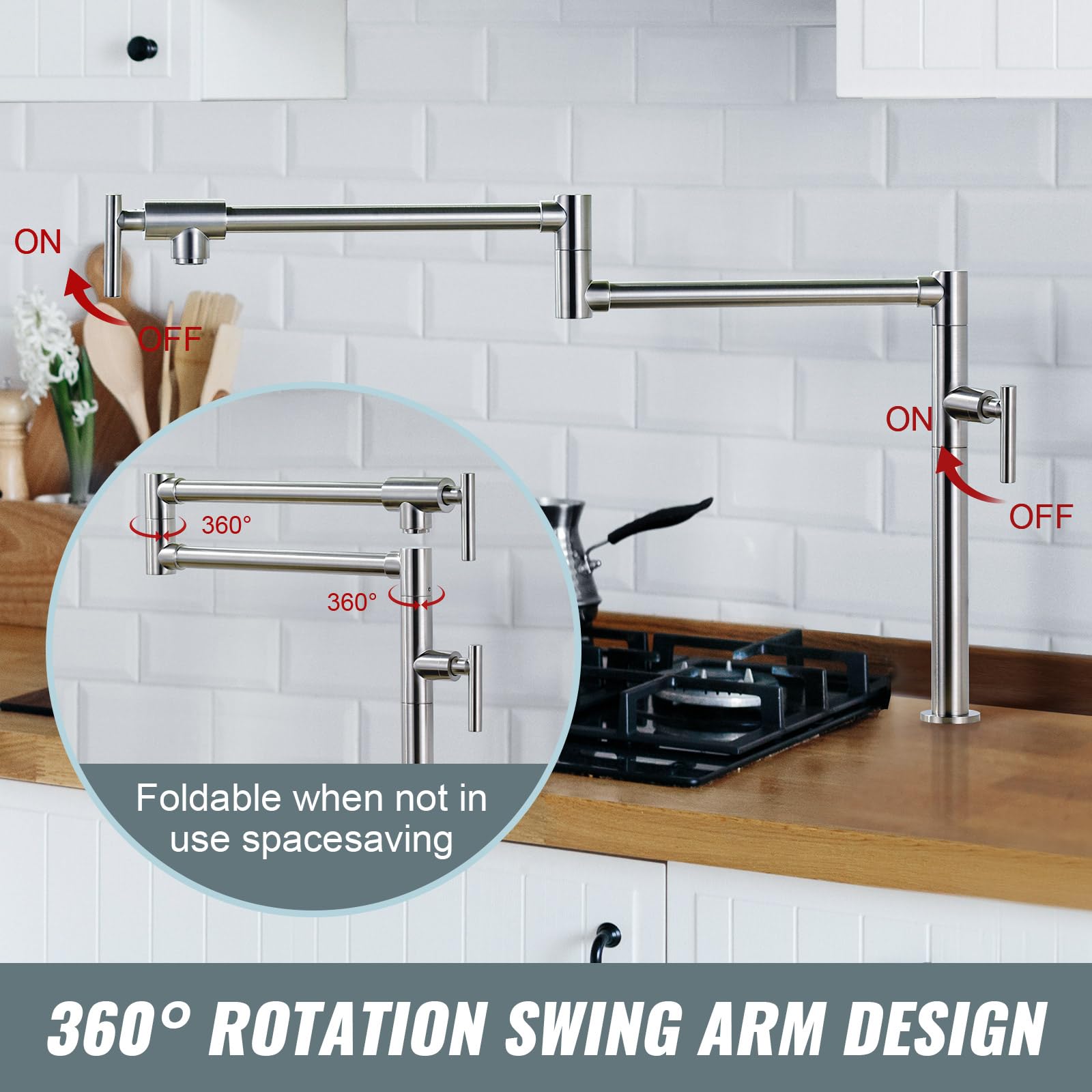 **Brass Deck Mount Pot Filler Faucet for Kitchen Sink - Brushed Nickel Finish, Double Joint Swing Arms - Perfect for Over Stove & High Backsplash Installations**