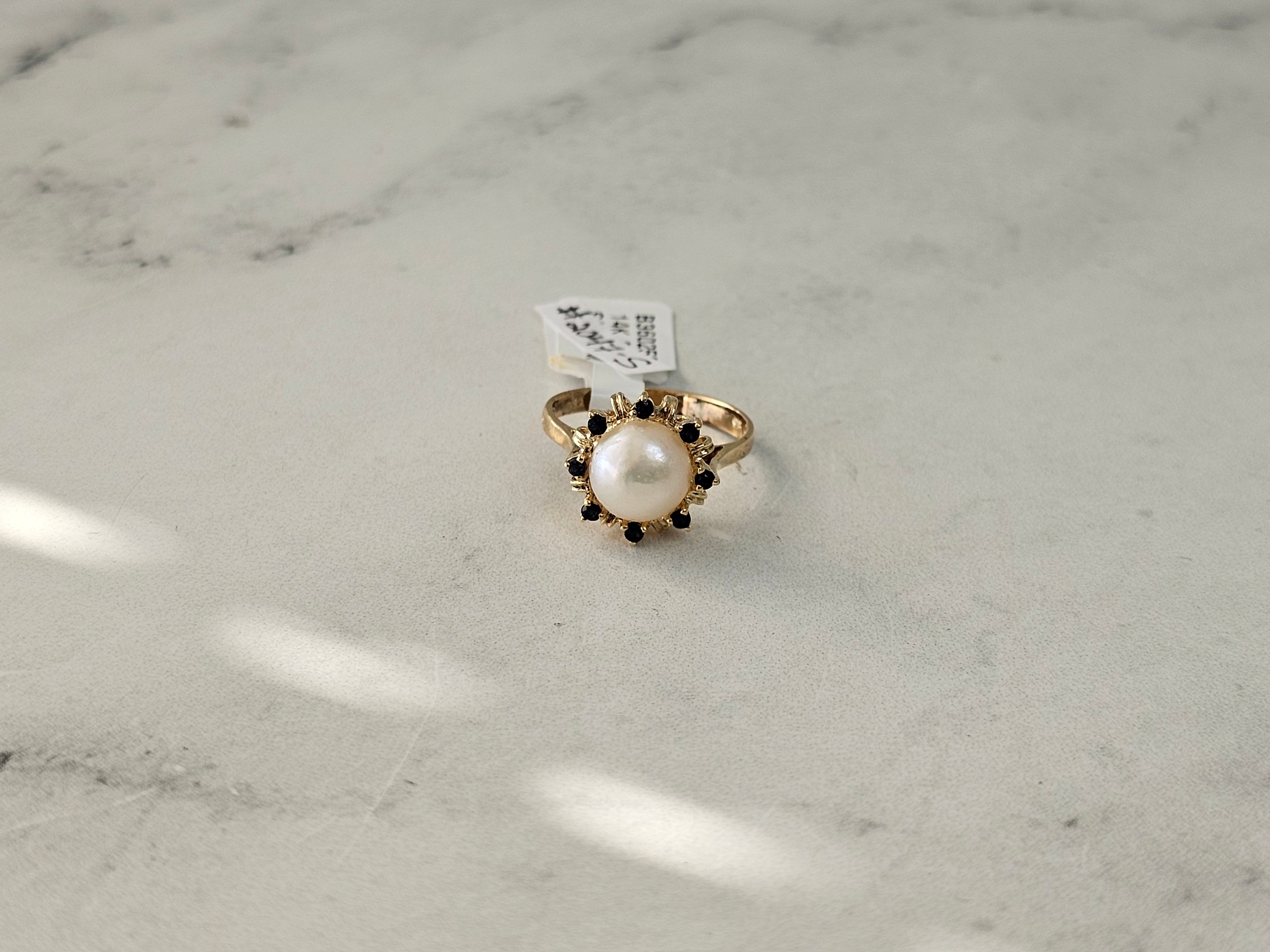 8MM Genuine Pearl Ring with Sapphire Halo in 14k Yellow Gold - Elegant Bridal Jewelry & Anniversary Gift for Women