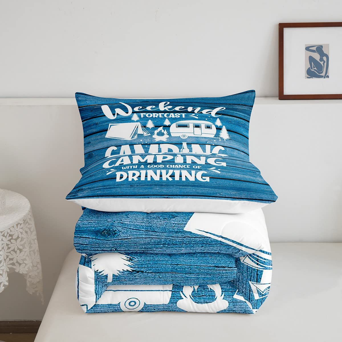 Happy Camping Camper Comforter Set Twin - Blue Adventure Themed Bedding for Kids, Teens & Adults | Rustic Wooden Door Design 2-Piece Quilt Set with Pillowcase | Perfect for Summer Camping, Dorm Rooms & Cozy Cabin Decor