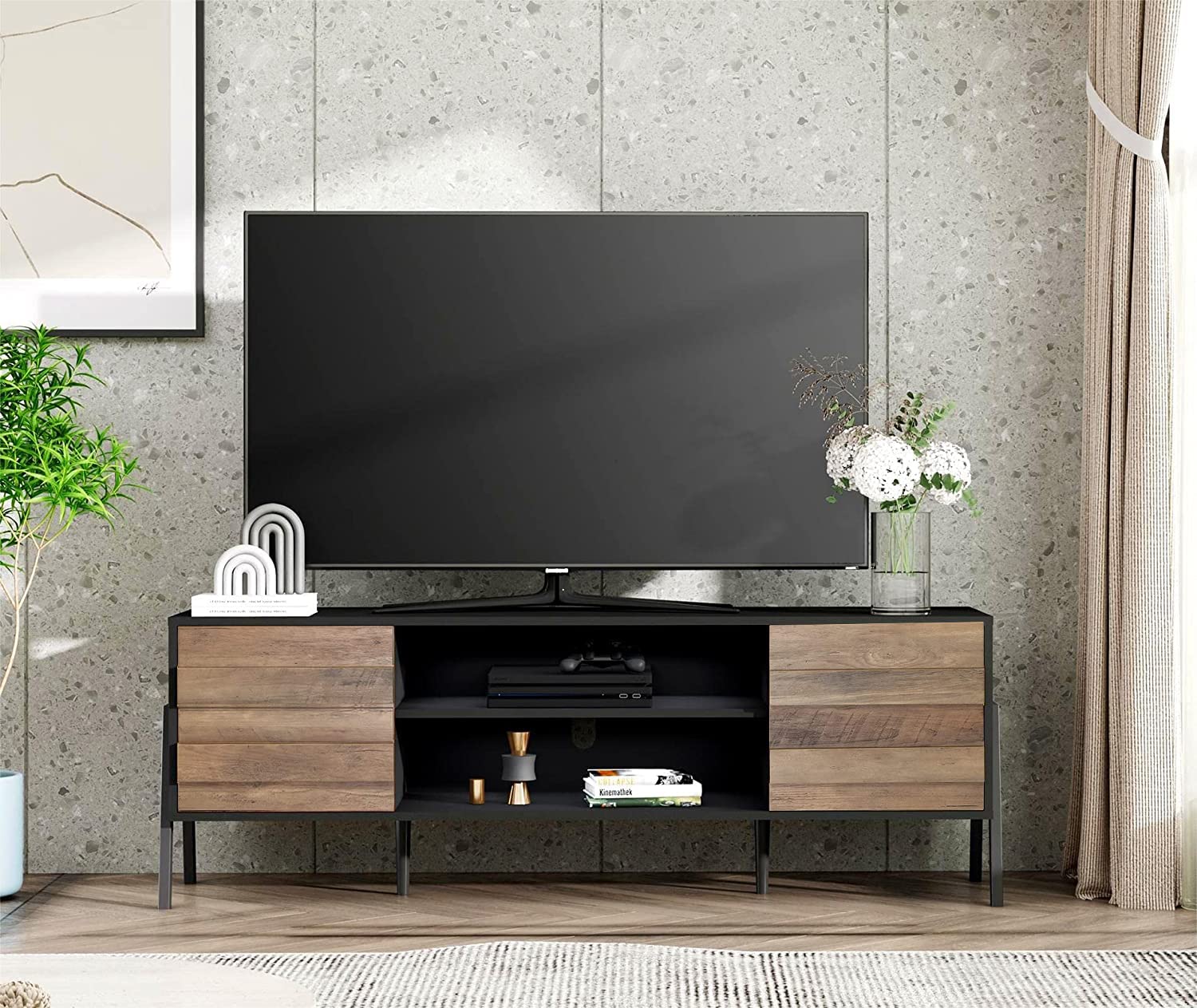 WAMPAT Modern TV Stand for 65 inch TV - Mid Century Wood TV Console Entertainment Center with 6 Storage Cabinets - Media Console for Living Room & Bedroom (60'', Black/Brown) - Perfect for Home Theater Setup & Living Room Organization