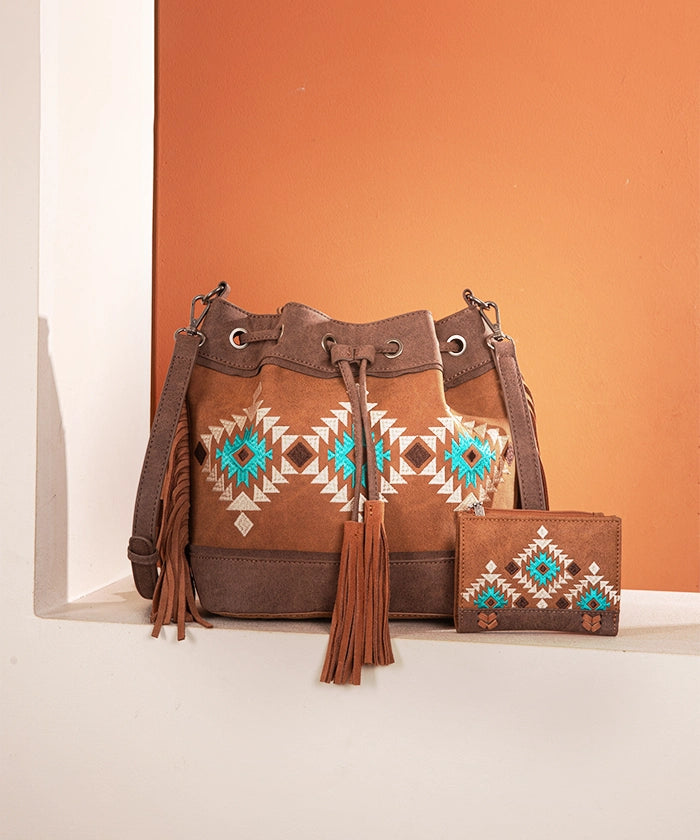 Montana West Aztec Fringe Bucket Bag Set for Women - Stylish Leather Crossbody Purse with Adjustable Strap, Perfect for Travel, Shopping & Everyday Use