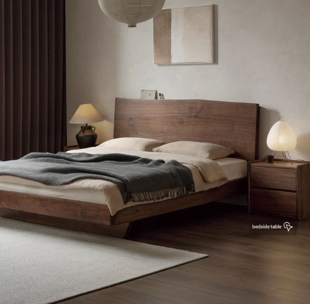 Black Walnut Solid Wood Bed Frame - Wabi Sabi Style Minimalist Bedroom Furniture for Zen & Japandi Home Decor
