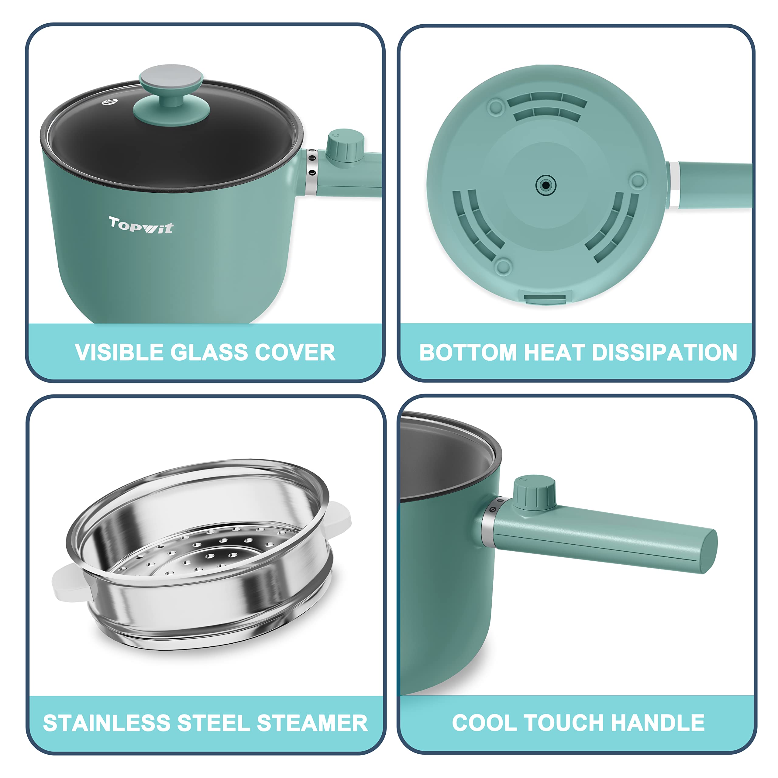 Topwit 1.5L Electric Hot Pot with Steamer - Multi-Functional Non-Stick Ramen Cooker & Pasta Pot, BPA Free, Dual Power Control with Overheating Protection - Perfect for Dorm, Office, Camping & Small Kitchen Cooking