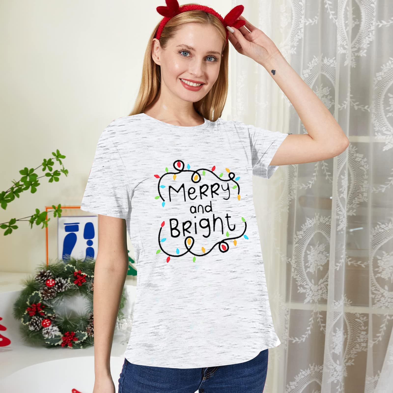 Women's Christmas Shirts - Merry and Bright Holiday Tops with Festive Lights Design | Perfect for Xmas Parties, Family Gatherings & Holiday Photos