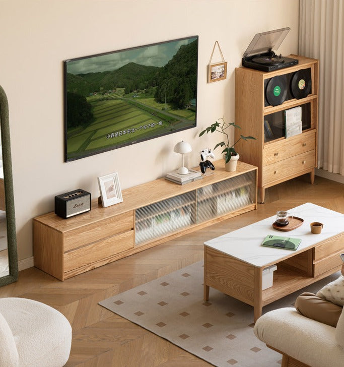 Solid Oak Wood TV Stand with Storage - Modern Entertainment Center for Living Room, Bedroom & Home Theater