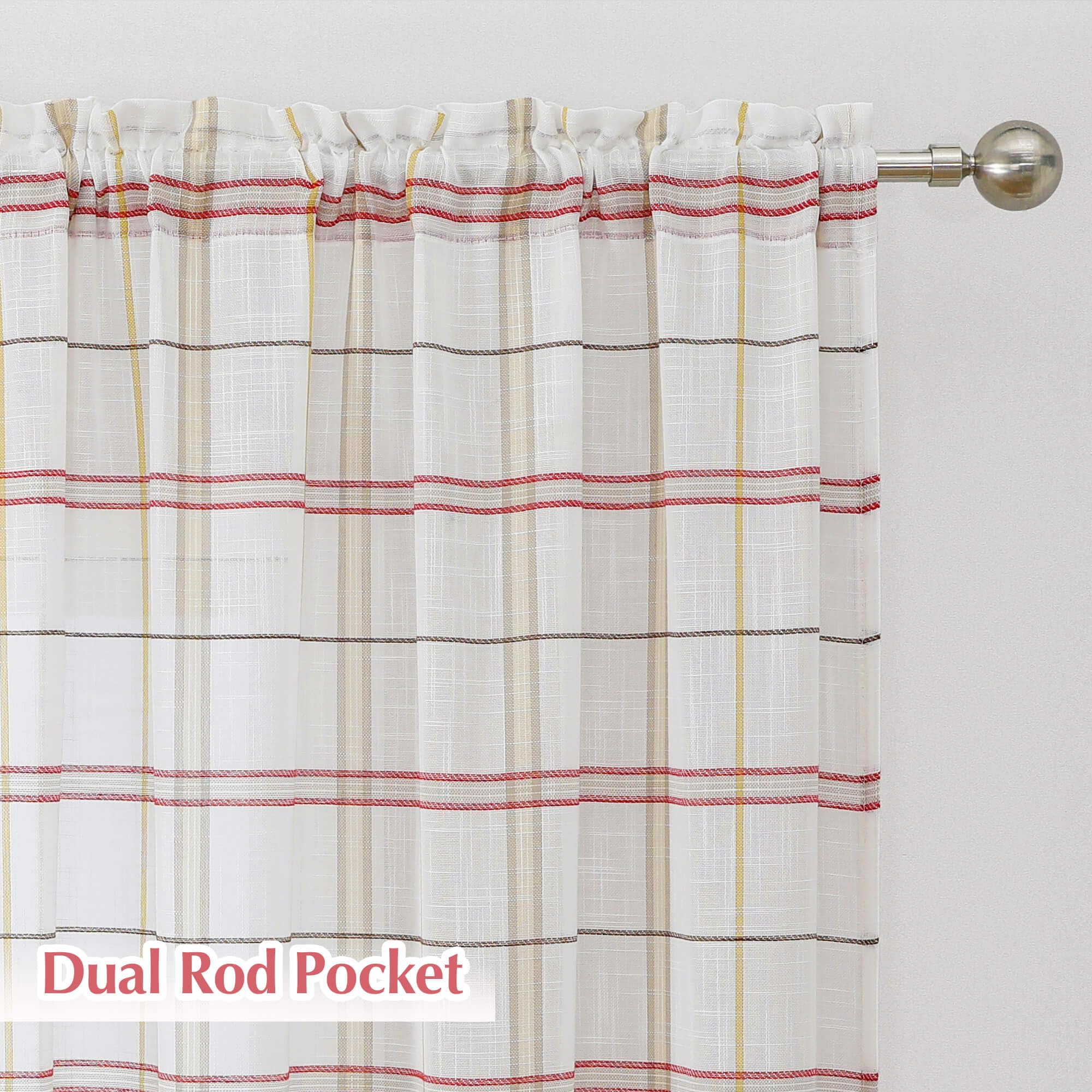 WUBODTI Semi-Sheer Buffalo Plaid Curtains - 2 Panels Faux Linen Geometric Window Drapes in Red Stripes (84 Inch Length, Tan/Brown) | Farmhouse, Living Room & Dining Room Window Treatments for Cozy Home Decor