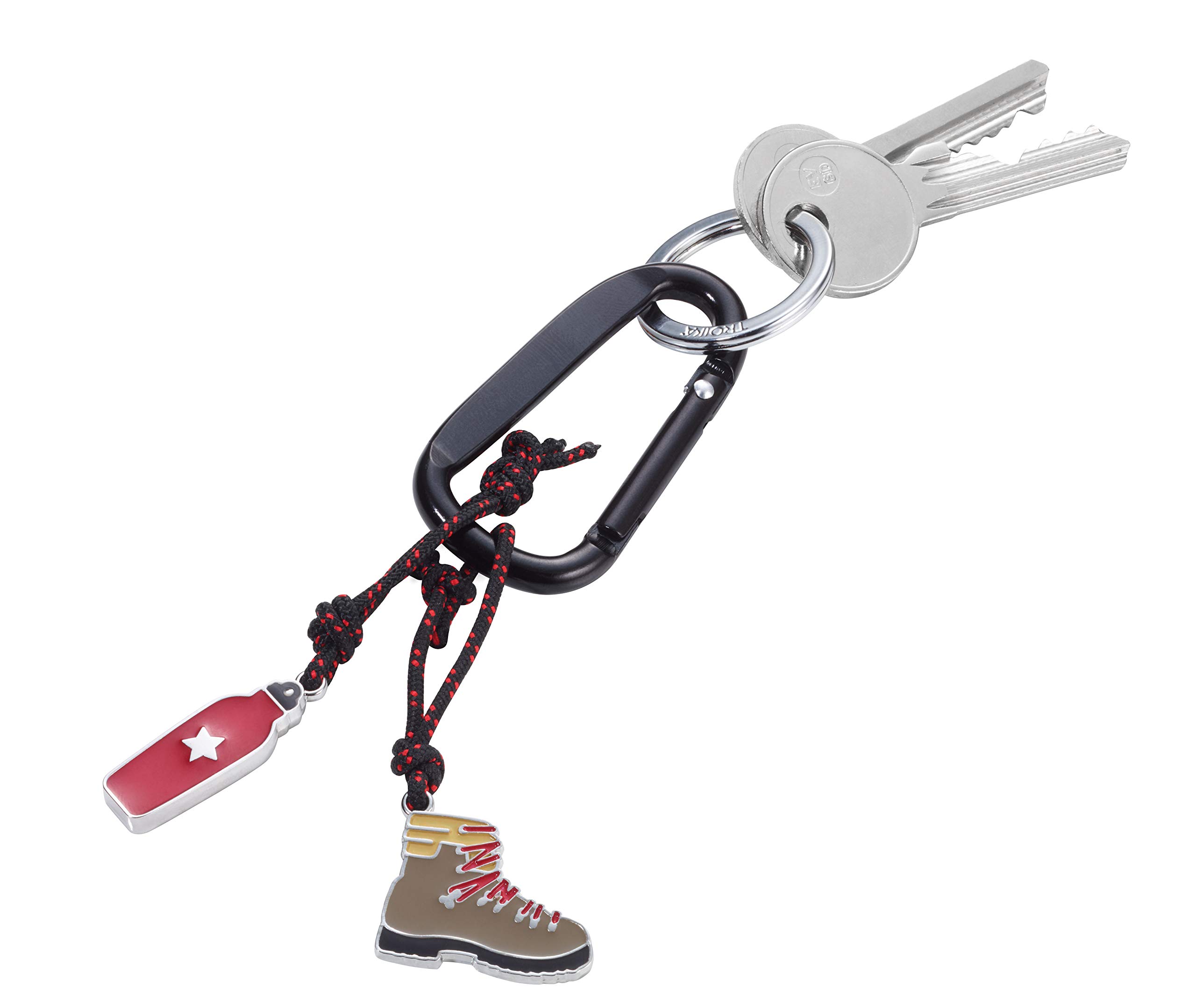 Troika WANDERFREUND KR19-6/BK Keychain with Snap Hook - 2 Charms (Hiking Boot & Water Bottle) on Decorative Climbing Rope - Durable Aluminum Carabiner Keyring for Hiking, Mountaineering, Backpacking & Outdoor Adventures - Perfect for Camping Gear, Travel Accessories & Gift Ideas
