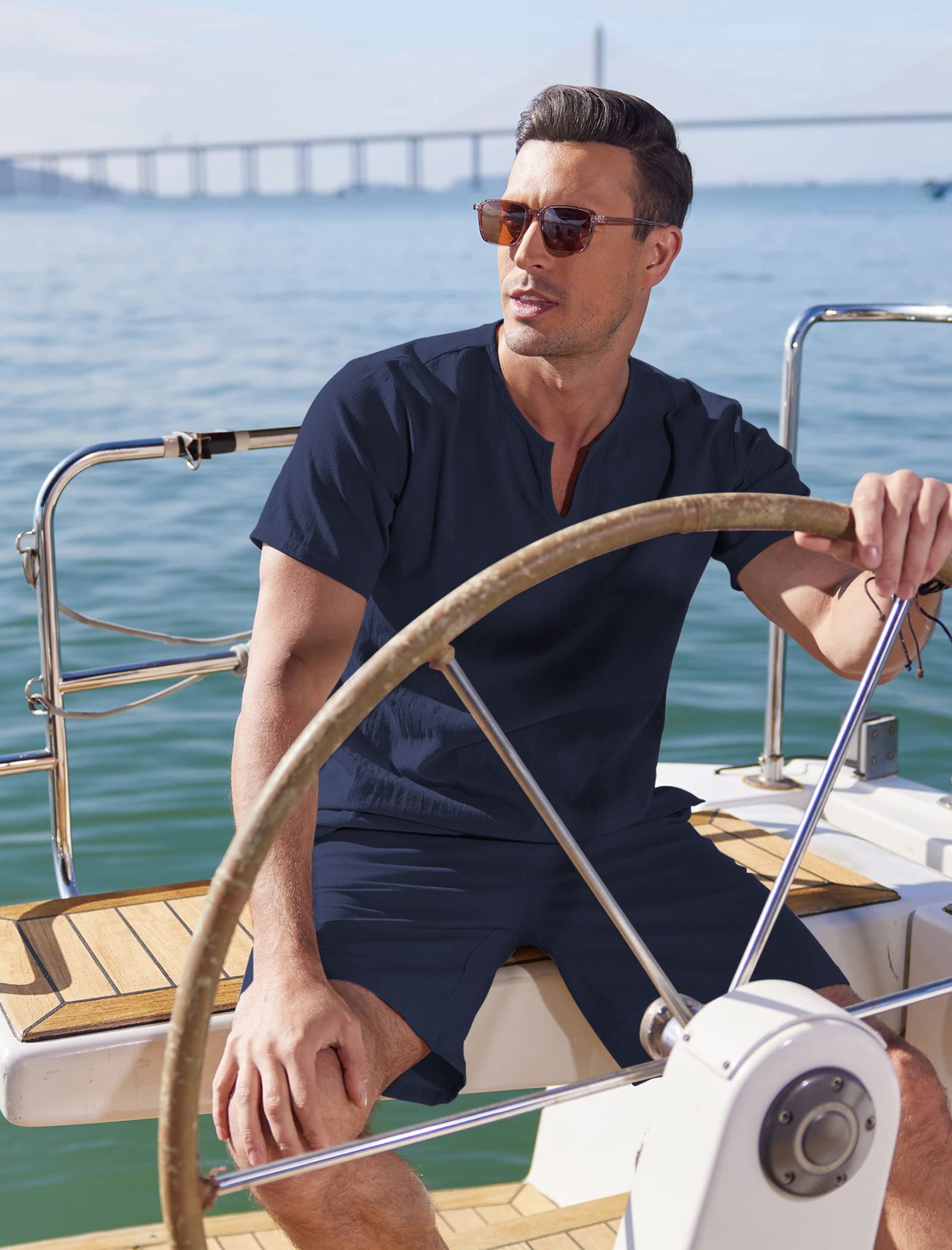 COOFANDY Men's Matching Shirt and Shorts Set - Summer Cotton Linen Lounge Suit | 2-Piece Lightweight Beach Outfit in Navy Blue | Perfect for Casual Wear, Vacation & Outdoor Activities