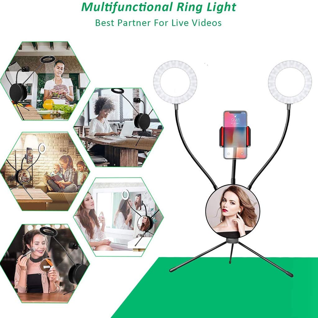 QFFL Dimmable Double LED Ring Light with Tripod Stand, Phone Holder & Makeup Mirror - Perfect for Live Streaming, Photography, YouTube Videos, TikTok Content Creation and Makeup Application