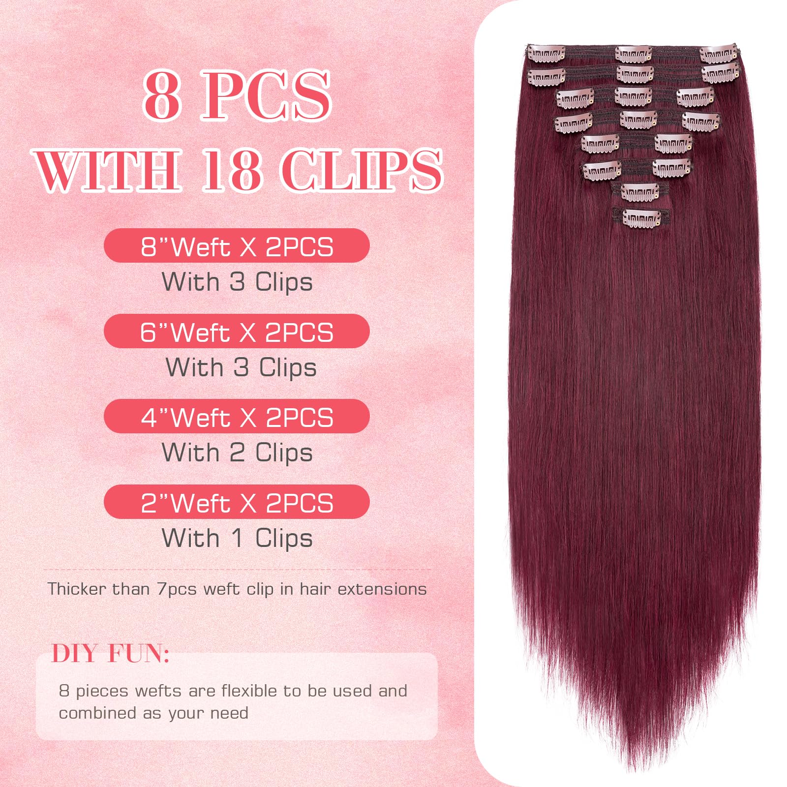 18 Inch Burgundy Clip in Human Hair Extensions - 8pcs 140g Straight Double Weft Real Human Hair #99J Wine Red | Perfect for Parties, Weddings & Daily Styling