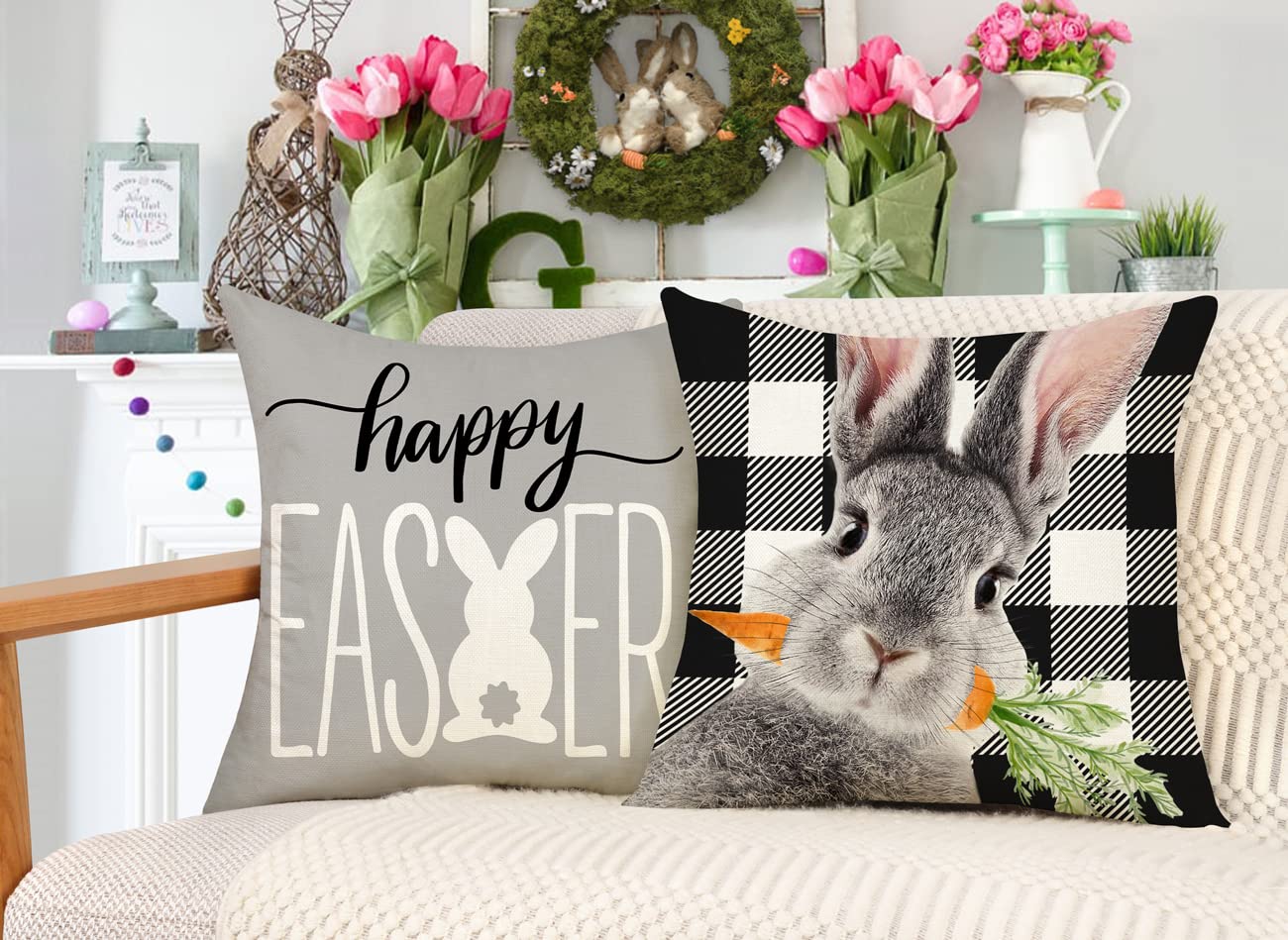 Easter Pillow Covers 18x18 Inch Set of 4 - Spring Farmhouse Decor, Buffalo Plaid Bunny Eggs Throw Pillow Cases for Couch, Sofa & Bedroom - Easter Home Decorations with Welcome Peeps Design TH163
