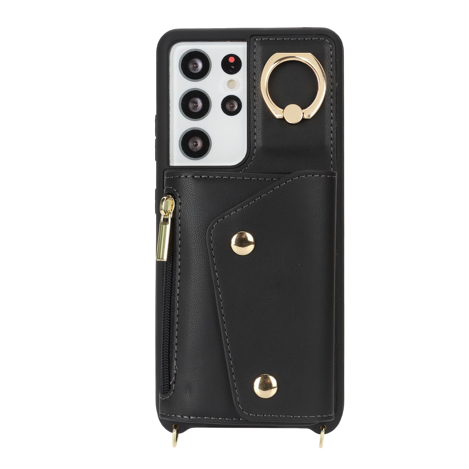 Samsung Galaxy S21 Ultra Wallet Case with Card Holder, Zipper Pocket & Crossbody Strap - 6.8 Inch Phone Wallet with Stand Ring for Women | Perfect for Travel, Shopping & Everyday Use (Black)